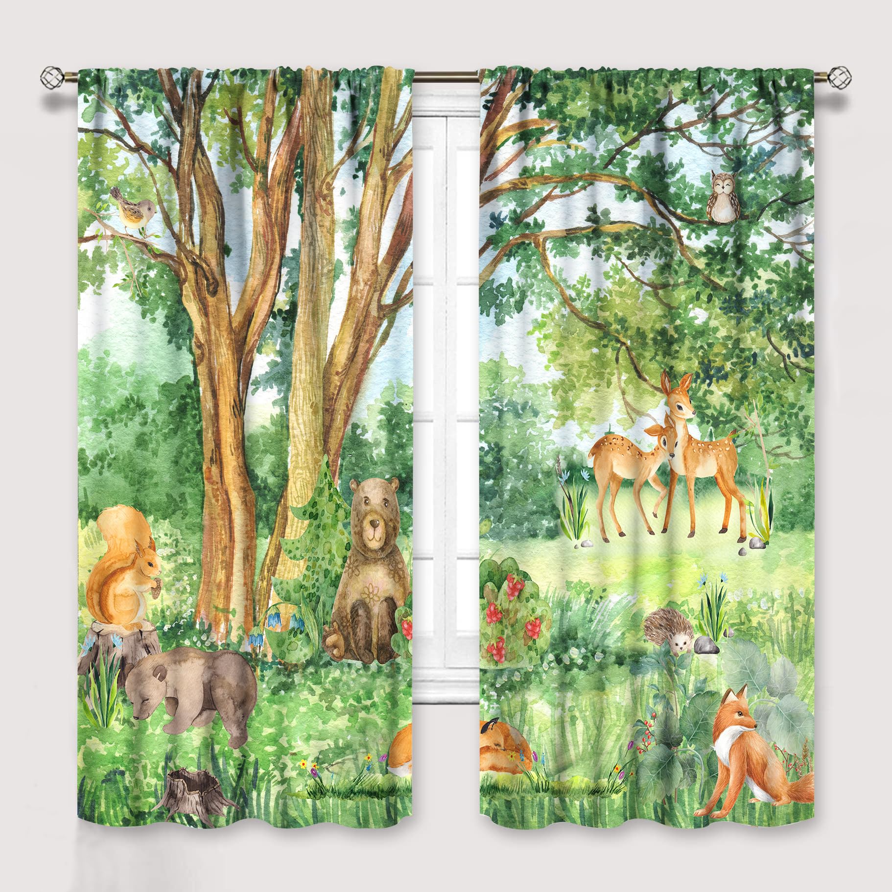 YCness Forest Animal Curtains, Watercolor Wild Animal Bear Fox Deer Kids Window Treatments for Living Room Bedroom,Green Woodland Tree Kids Drapes 2 Panel Sets,42x45 Inch — image 1