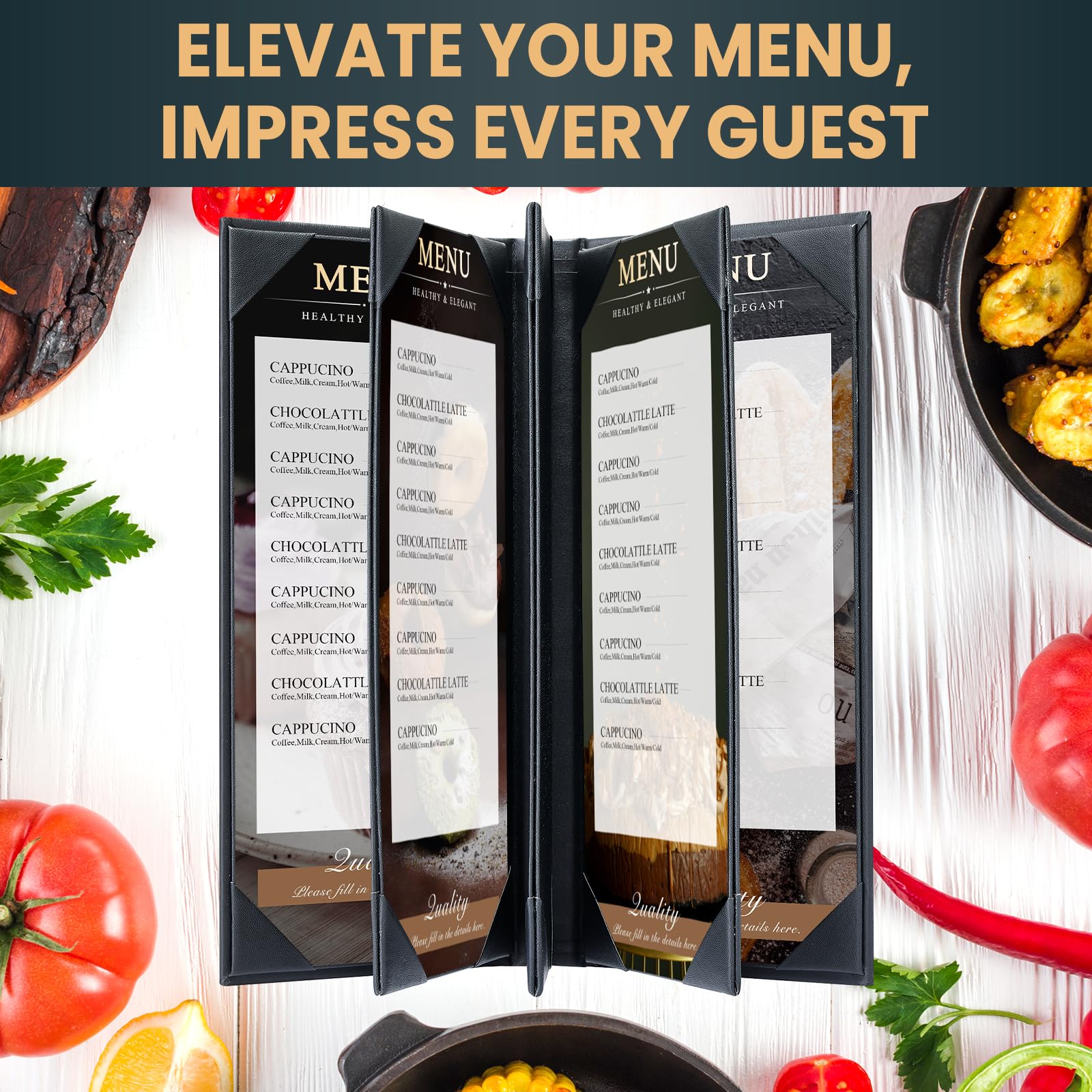 Paquete de 6 fundas de menú de 8 vistas de 4.25 x 11 pulgadas | Fundas de menú de piel sintética estilo libro para restaurante, cafetería, bares y lista de vinos