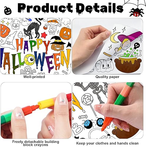 Miniatura 3 de Póster gigante para colorear de Halloween con 6 crayones apilables, juego de recuerdos de fiesta de murciélagos y fantasmas, pancarta de papel para