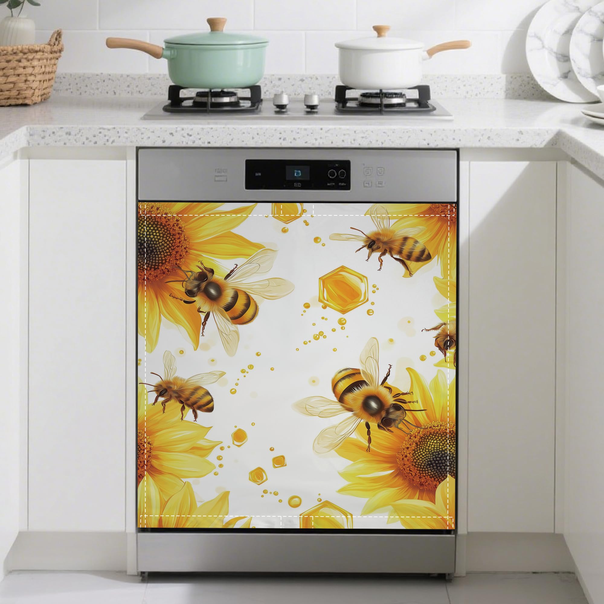 Bees Flying Dishwasher Magnets Decorative Cover,Sunflowers Magnet Fridge Panel Decal for Home Kitchen Decor,23x26 in