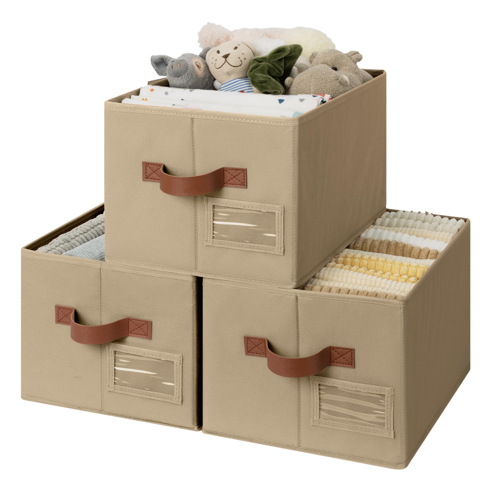 GRANNY SAYS Closet Storage Bins with Label, Closet Organizer Bins, Fabric Storage Basket with PU Handles, Clothing Storage Organizers, Brown, Medium, 3-Pack