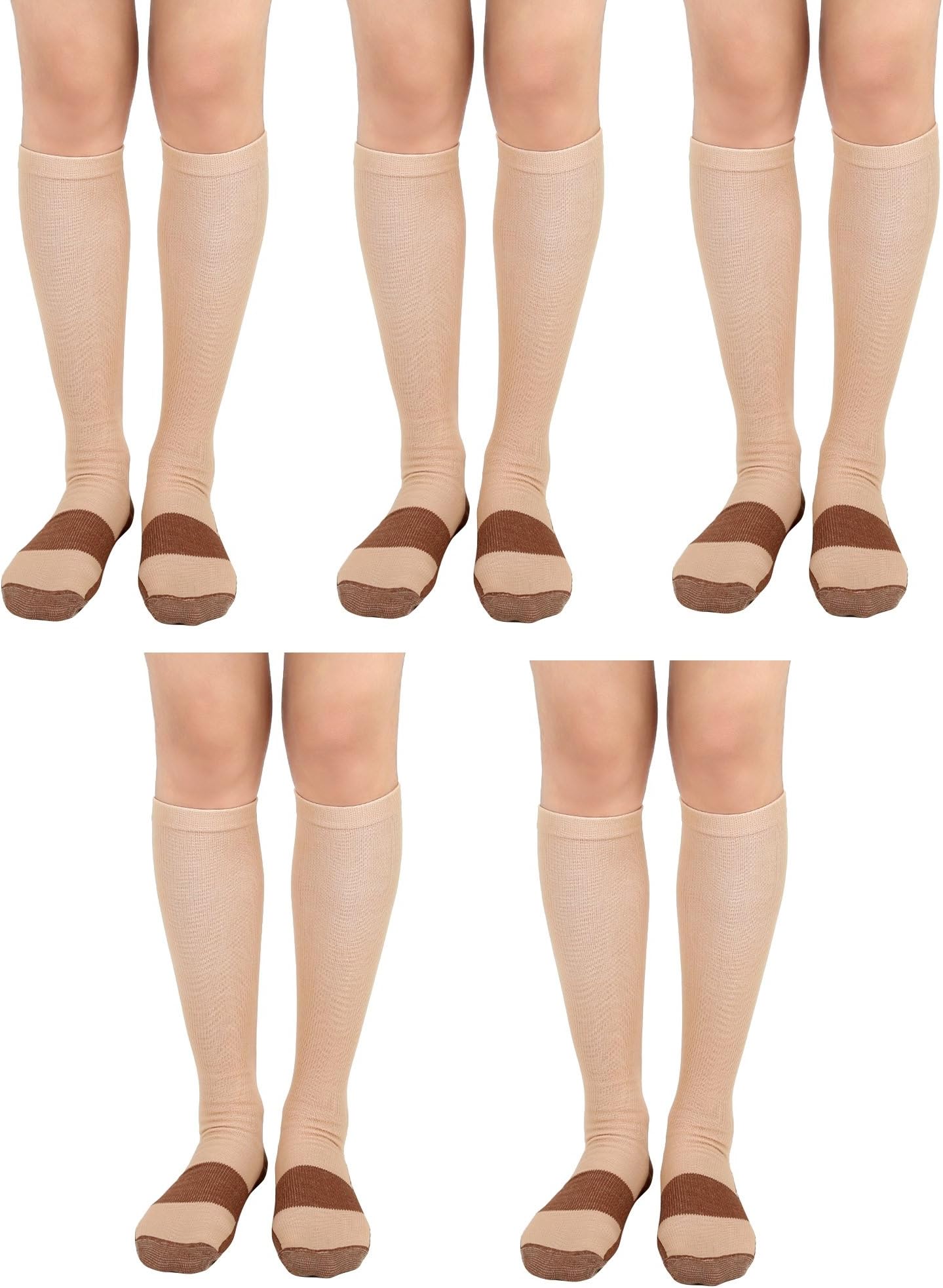 Graduated Compression Copper Socks Anti-Fatigue Calf High Below Knee Mens Womens Foot Ankle Heel Support Pain Relief Sport Medical Stockings Reduce Swelling. (5Pr, Lg/XL, BGE/Cu)