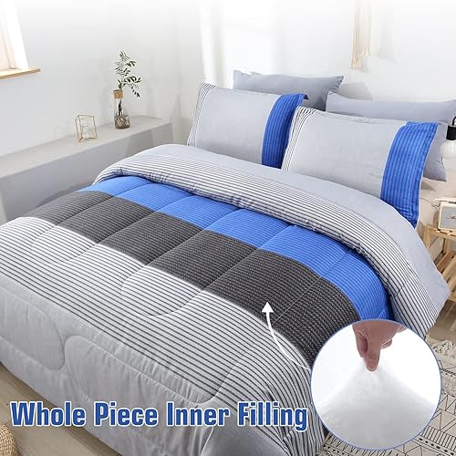 Miniatura 9 de PERFEMET Juego de edredón a rayas verde azulado, tamaño Queen, juego de ropa de cama de 3 piezas para niños, niñas, hombres y mujeres, color