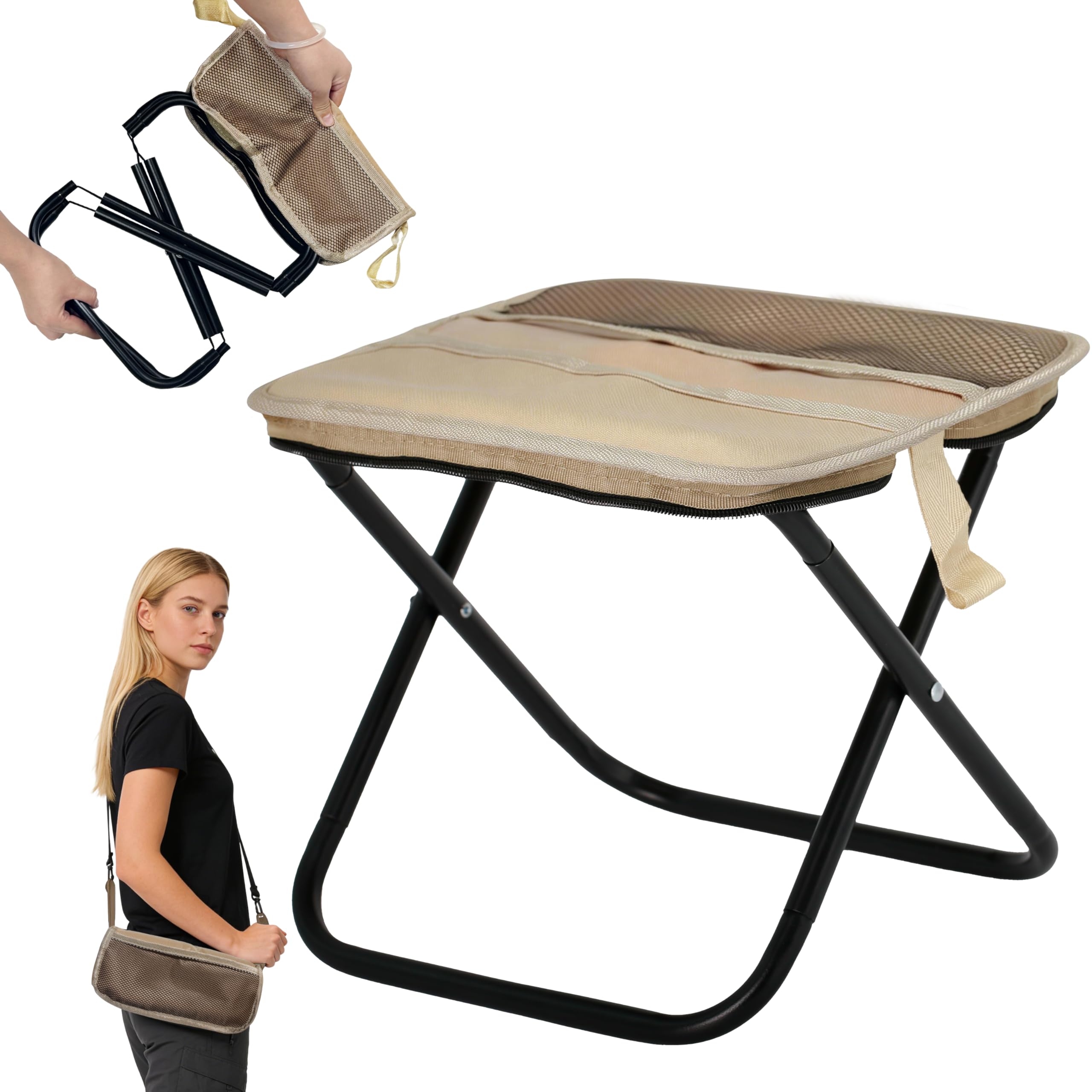 Foldable Stool Portable with Adjustable Shoulder Strap & Storage Mesh Bag. Collapsible Stool for Outdoor, Travel, Camping, Fishing, and Instant Seating Anywhere (Black,Large) — view 9