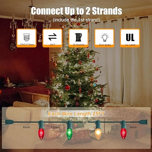 Miniatura 2 de Luces de Navidad C9 rojas, blancas y verdes al aire libre, 25 pies, luces vintage para árbol de Navidad con 26 bombillas C9 transparentes Rojo