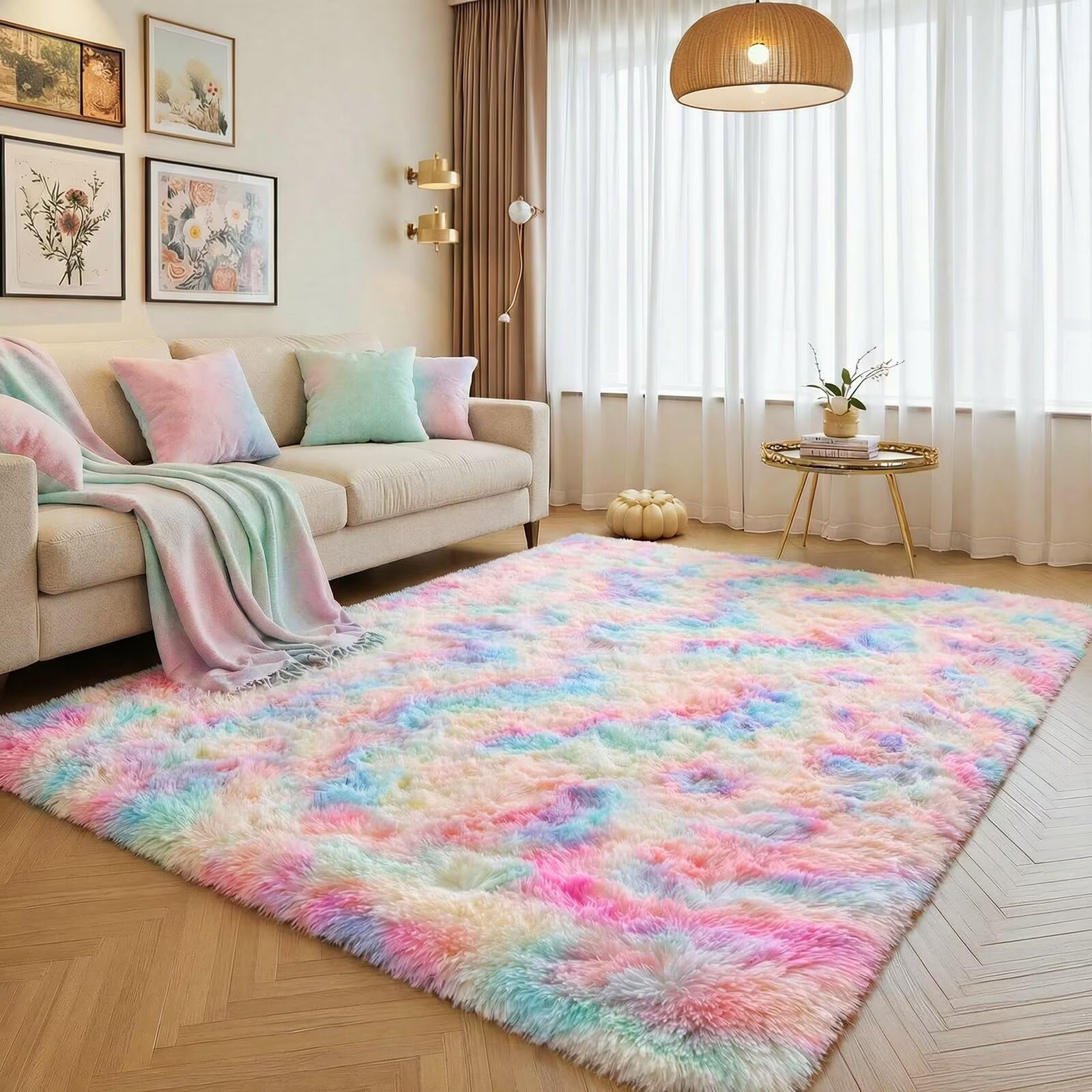 junovo Soft Rainbow Area Rugs for Girls Room, Fluffy Colorful Rugs Cute Floor Carpets Shaggy Playing Mat for Kids Baby Girls Bedroom Nursery Home Decor, 5ft x 8ft