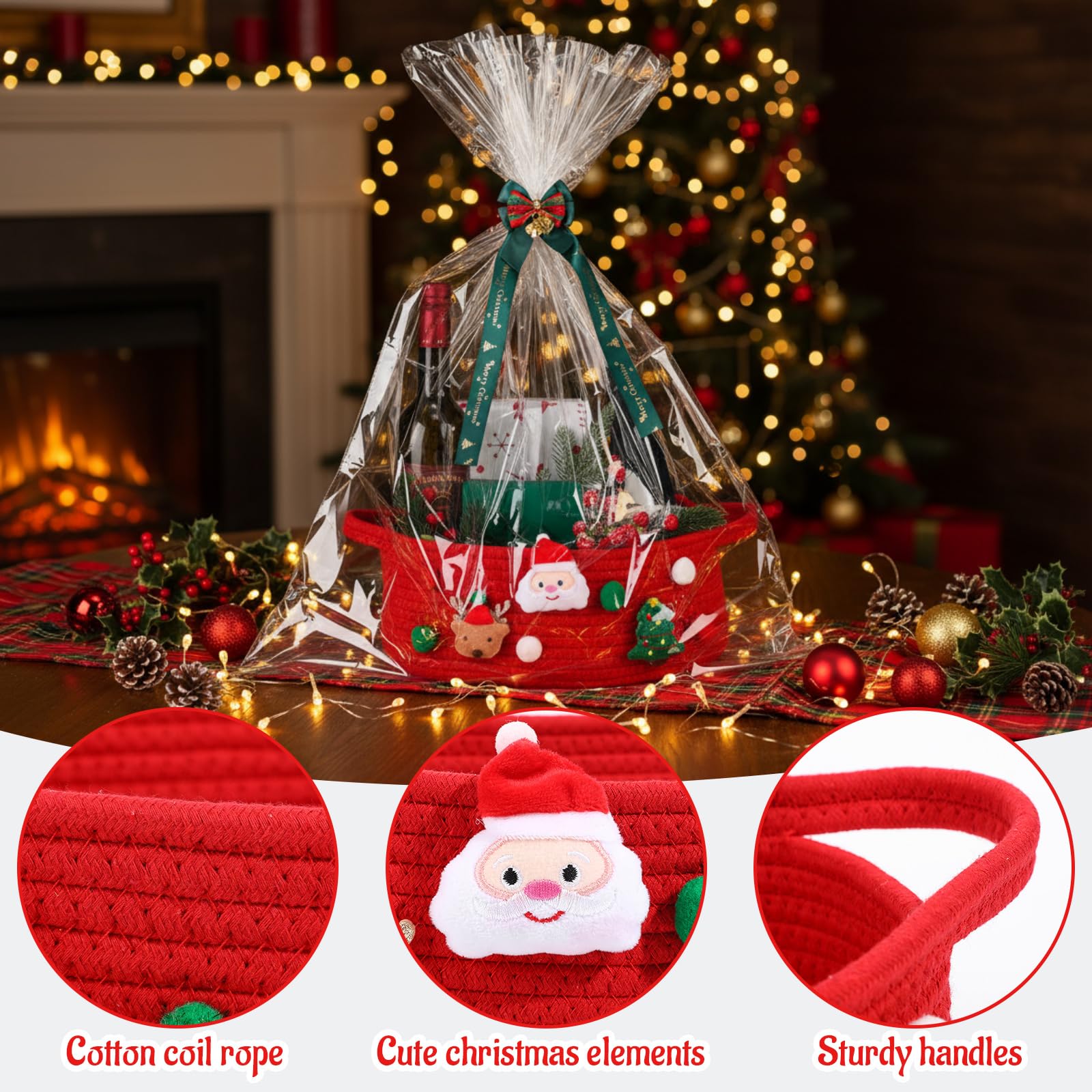 Honeydak Geschenkkorb mit Zellophan und Schleife, leer, Weihnachtsmann, Hirsch, Baum, gewebter Korb mit Griff für Weihnachtsgeschenkverpackung, Heimdekorationen, 4er-Set