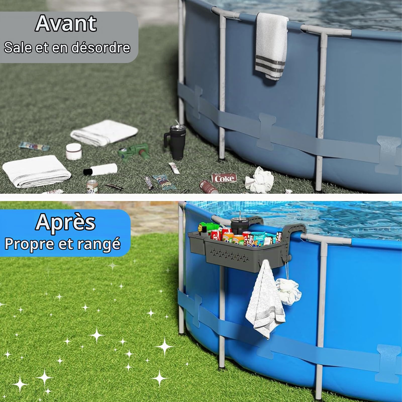 Panier de Rangement Piscine Hors Sol Suspendu, Organisateur pour Piscine, Panier De Piscine Suspendu, Panier de Rangement Suspendu avec Porte-gobelets, pour Jouets, Serviettes, Boissons