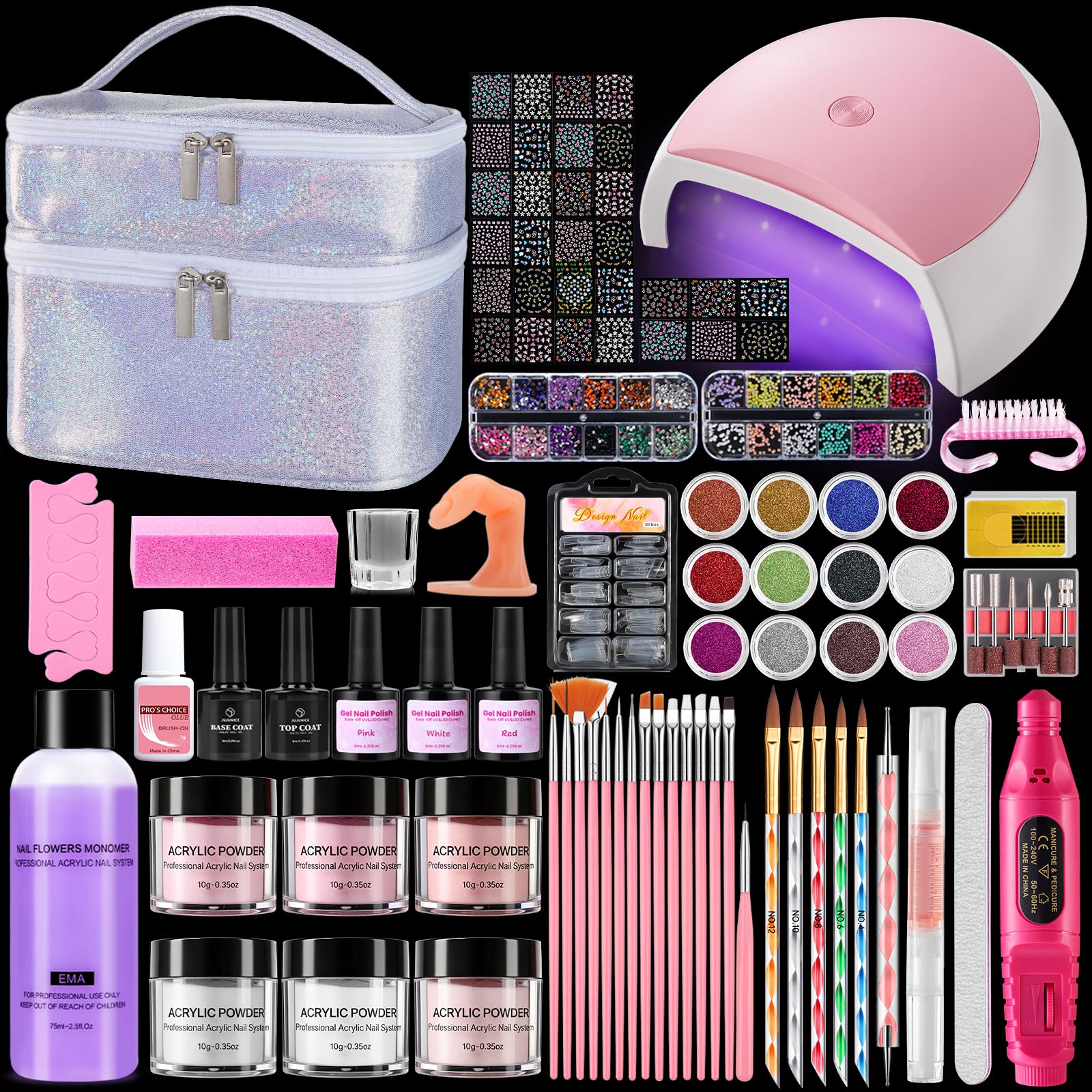 Deciniee Kit per unghie acriliche: set di polveri acriliche con lampada UV/trapano elettrico per unghie/false punte manicure set completo di strumenti in sacchetto regalo bianco