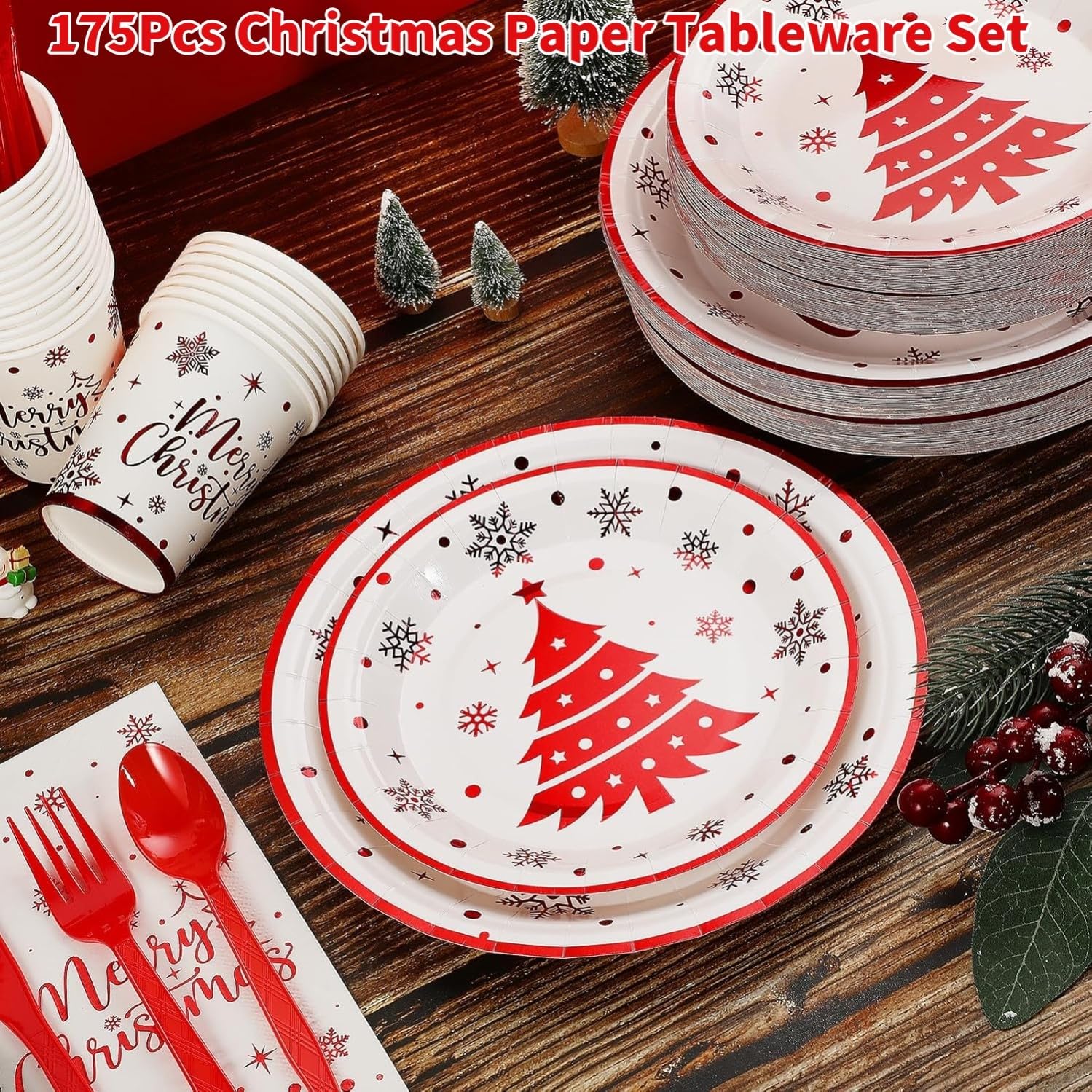 KAHEIGN Service De Table De Noël Réutilisable 175 Pièces En Plastique Rouge à Bords Dorés – 25 Assiettes Plates, 25 Assiettes à Salade, 25 Couteaux, 25 Fourchettes, 25 Cuillères, 25 Serviettes Pour 25