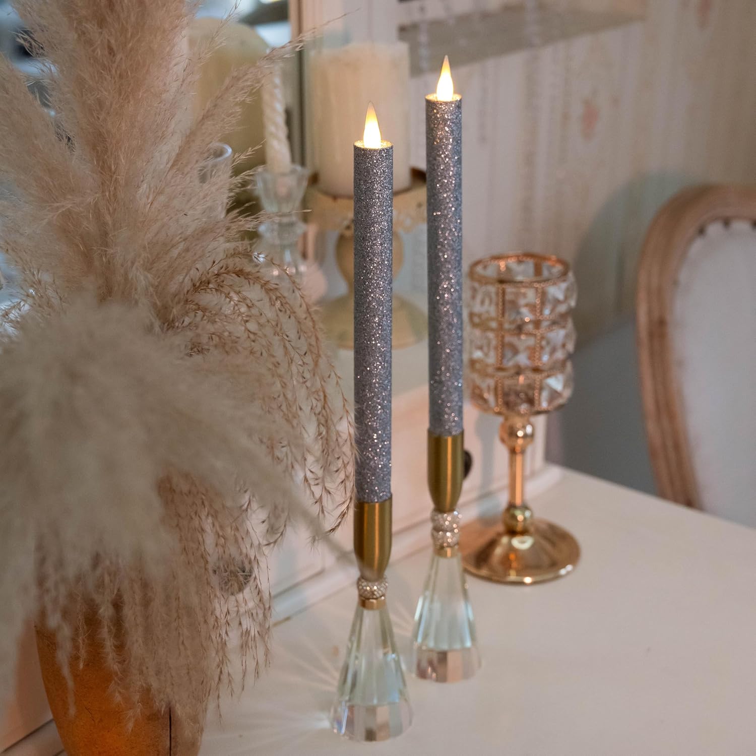 Flameless Taper Candles Flickering with Remote and Timer, 3D Moving Flame Taper Candle Battery Operated to 400 Hours, 9 Inch Window Candles, (Glitter Silver)