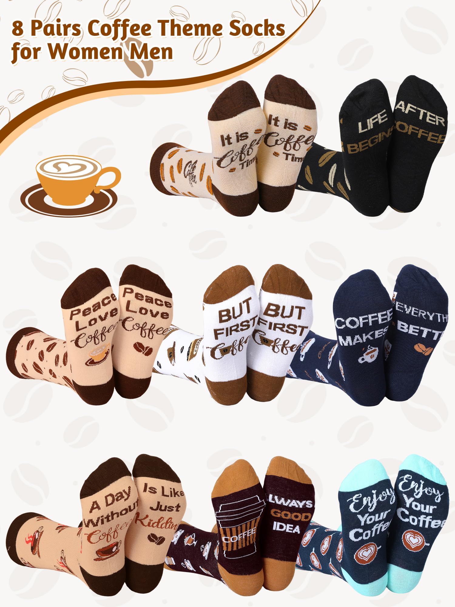Liitrsh 8 Paar Kaffeesocken für Damen, Baumwolle, Crew-Socken für Erwachsene, Barista, Kaffeeliebhaber, Urlaubsgeschenke