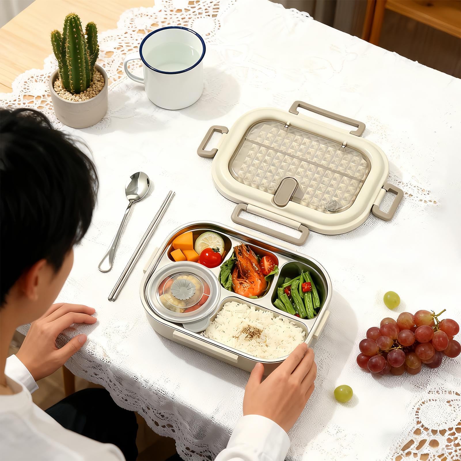 Pojemnik na lunch, przechowywanie żywności zawiera łyżkę - pojemnik na żywność ze stali nierdzewnej pudełko na lunch, na kanapki, owoce, warzywa, kemping, dojazdy do pracy, piknik
