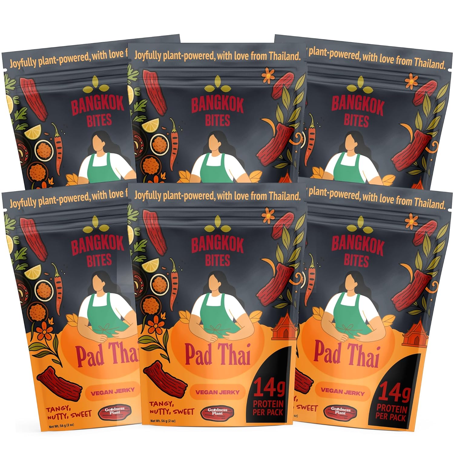 Goodness Plant Bangkok Bites Vegan Jerky – Pad Thai Flavor, 56g | High-Protein Plant-Based Snack, Vegan, Non-GMO, Thai Street Food Inspired, Chewy Jerky Texture, Better Than Beef Jerky (6-Pack)