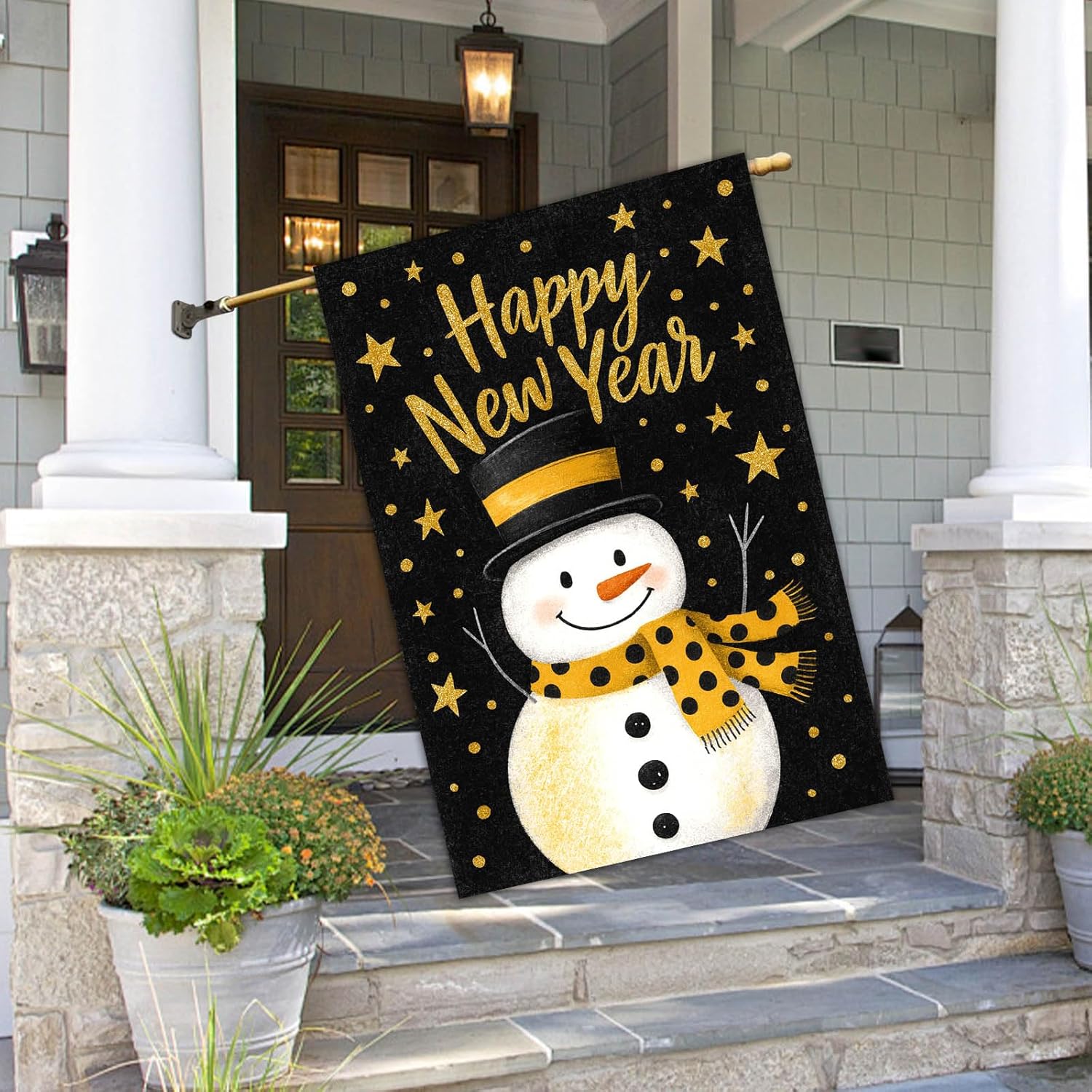 Happy New Year House Flag 28x40 Inch Double Sided Garden Flag Snowman with Hat and Scarf Gold Stars Design Winter Holiday Yard Banner Large Outdoor Flag for Porch Lawn Home Decoration - Image 5