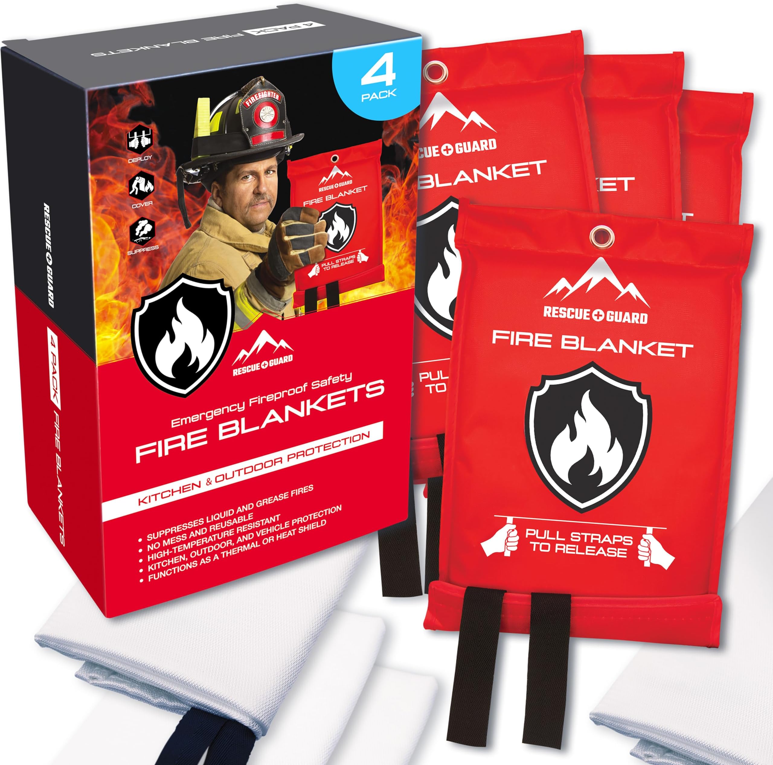 Emergency Fire Blanket - 4 Pack, 40” x 40” Fireproof Fiberglass Blanket for Home Safety, Swift, Safe Protection for Your Home & Kitchen