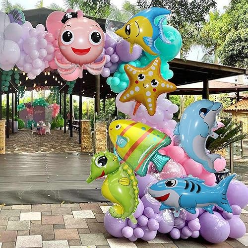 Miniatura 4 de 12 globos grandes de animales marinos, globos de pulpo, tiburón, delfín, hipocampo, cangrejo, vieiras, globos de aluminio para niños y niñas,