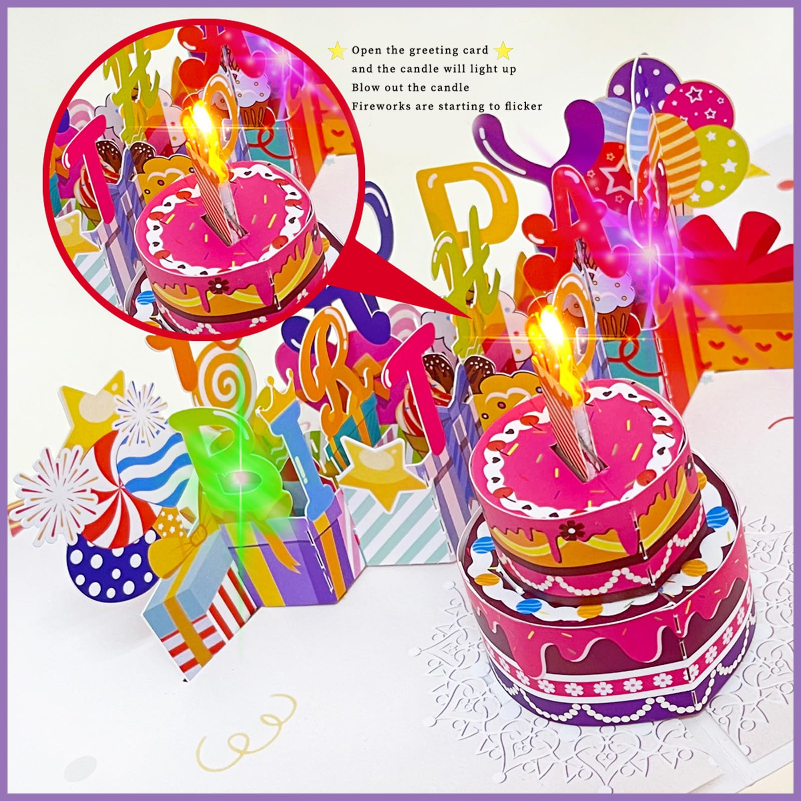 Carta pop-up 3D per anniversario con luci e suono, candela LED soffiabile con sensore, biglietto musicale canterino per uomo, donna, bambino (Nero e dorato