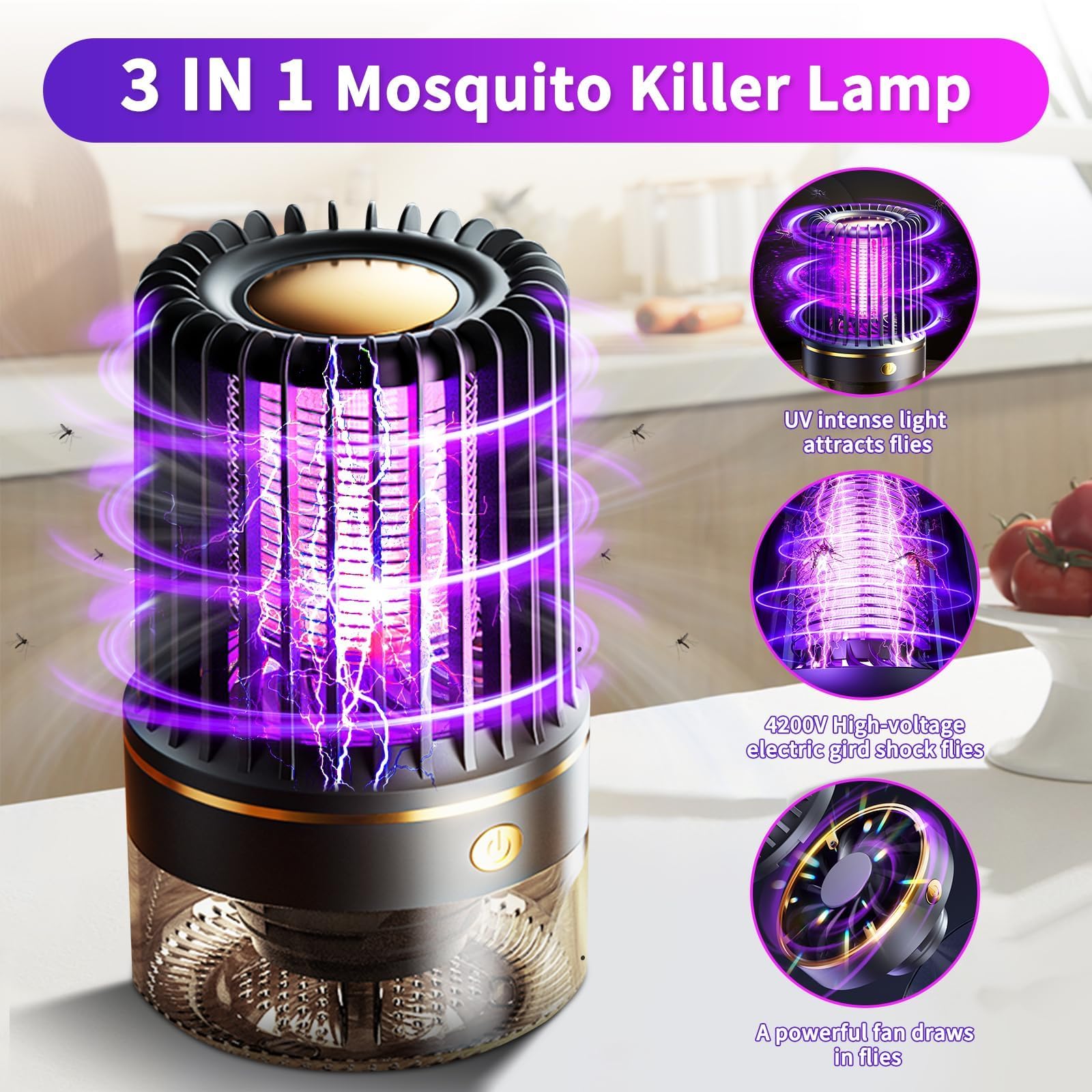 Insektenvernichter Elektrisch – 4200V Mückenlampe mit UV-Licht, USB elektrische Fliegenfalle, kompakt mit Reinigungsbürste & Aufhängehaken für Camping/Garten/Balkon/Schlafzimmer-Mückenvernichter-Lampe