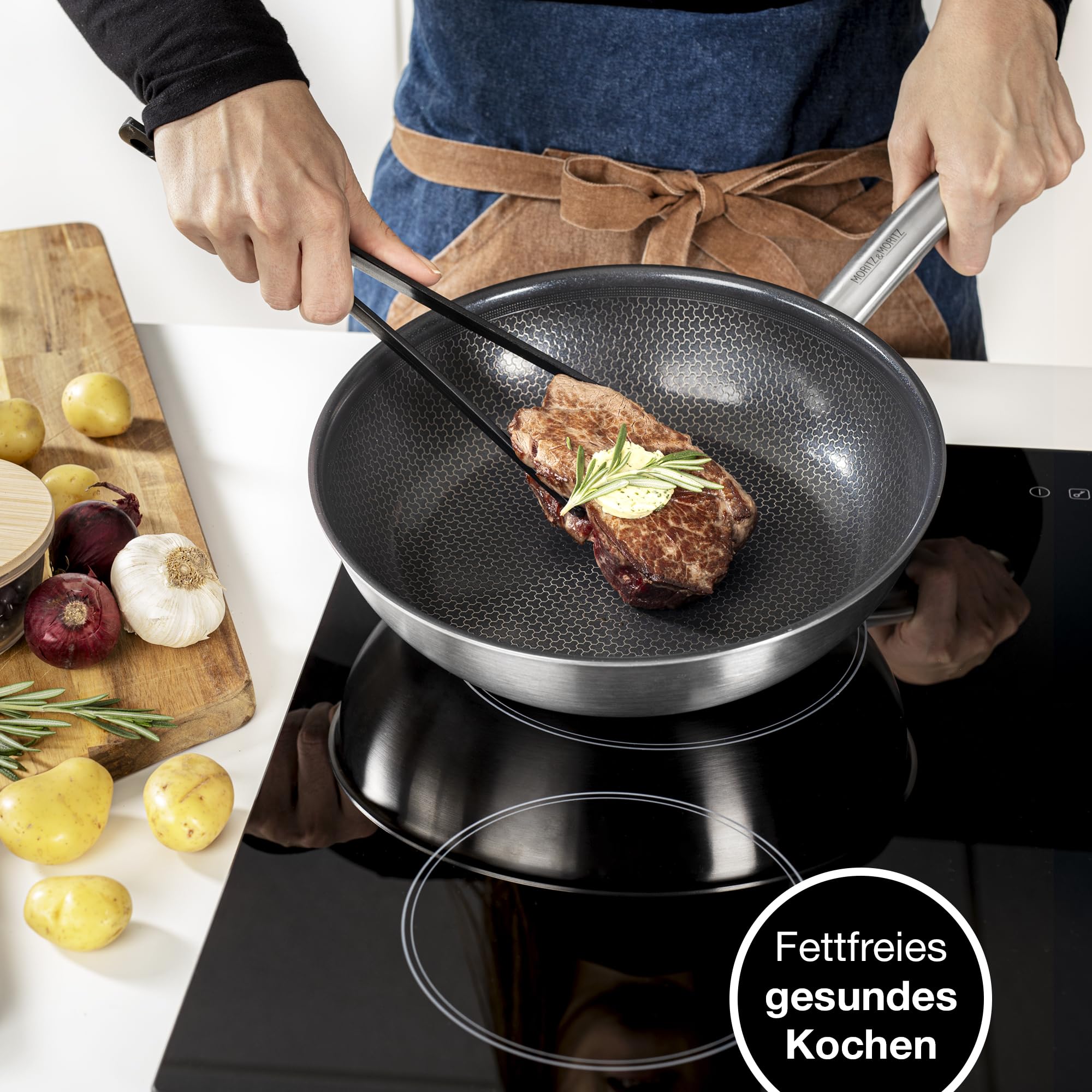 Moritz & Moritz Edelstahlpfanne Wabenstruktur 28cm mit Keramikbeschichtung der neuesten Generation - für alle Herdarten geeignet - Antihaft Pfanne mit rundem Rand zum Kochen, Braten und Schmoren