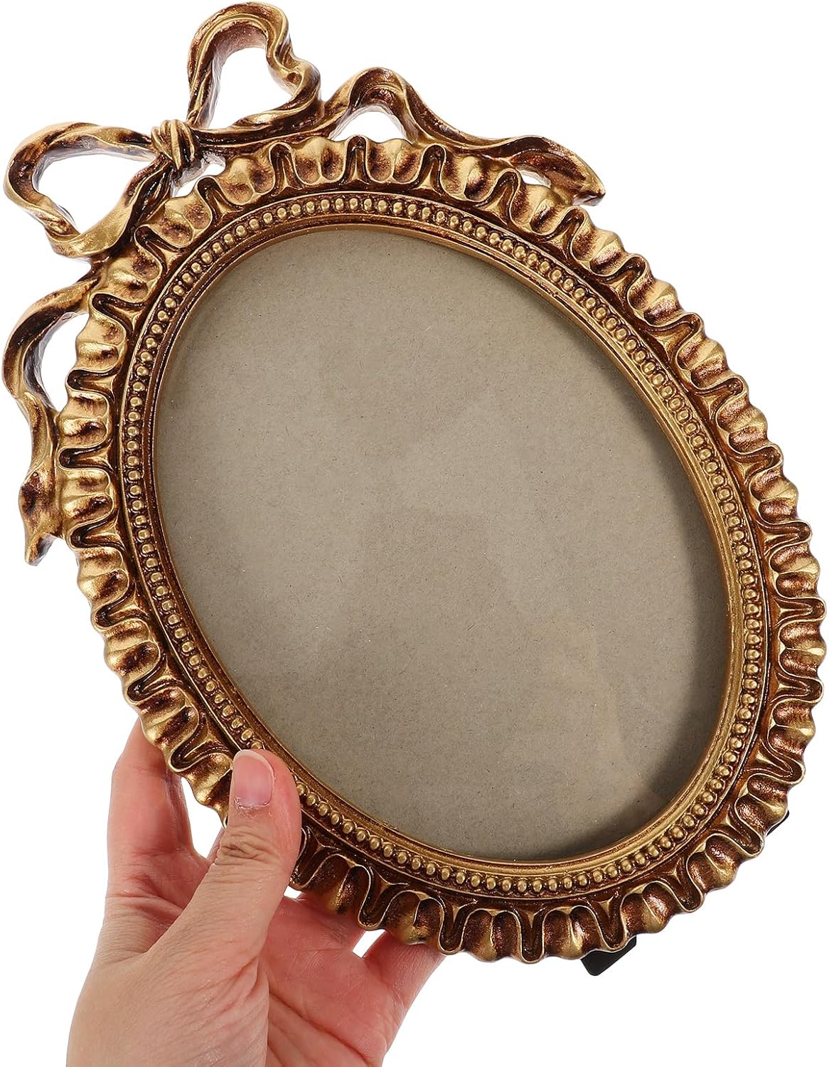 LOGOFUN Vintage Picture Frame Antique Carving Pattern Photo Frame with Bows Oval Photo Display Frame for Home Office Desktop Decor - Gold 10.22X7.07IN