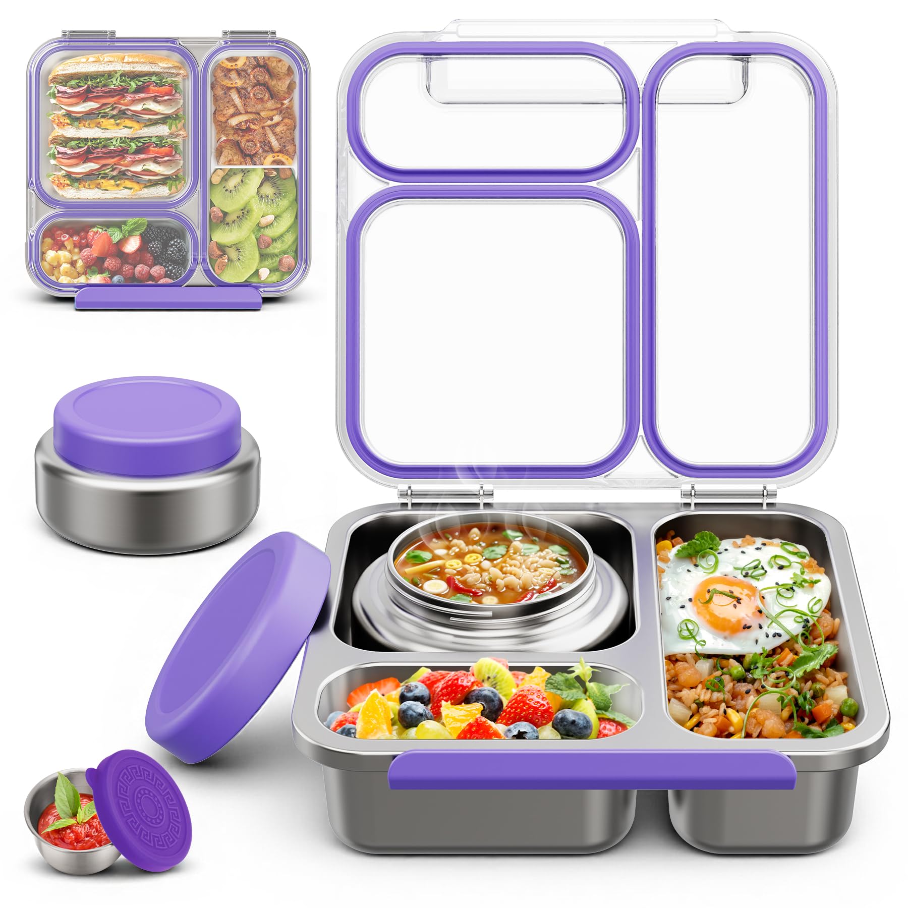 Fiambrera de Acero Inoxidable Adulto Niño con 200ml Termo para Comida, Bento Box para Niños con 3 Compartimentos y Recipiente para Salsas, Lunch Box para Oficina, Colegio y Picnic, sin BPA, Morado