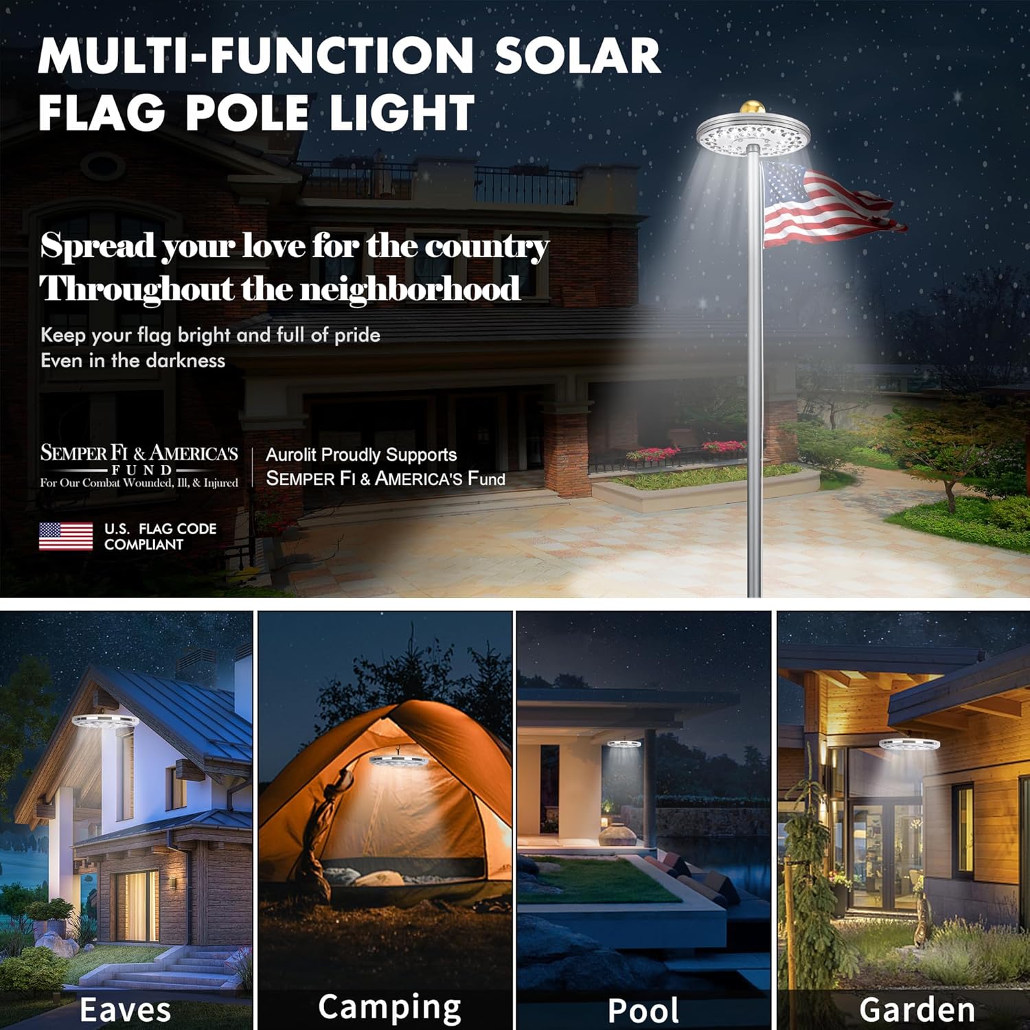 Flagpole Light Solar Powered w/Top Ball, Auro 8 Silver Flag Pole Light 29 Bright Huge LED for 15-25 Ft Outdoor Flag Poles, 20 Hour Long-Lasting Spectacular Aurora Lighting, Dusk to Dawn Auto On/Off