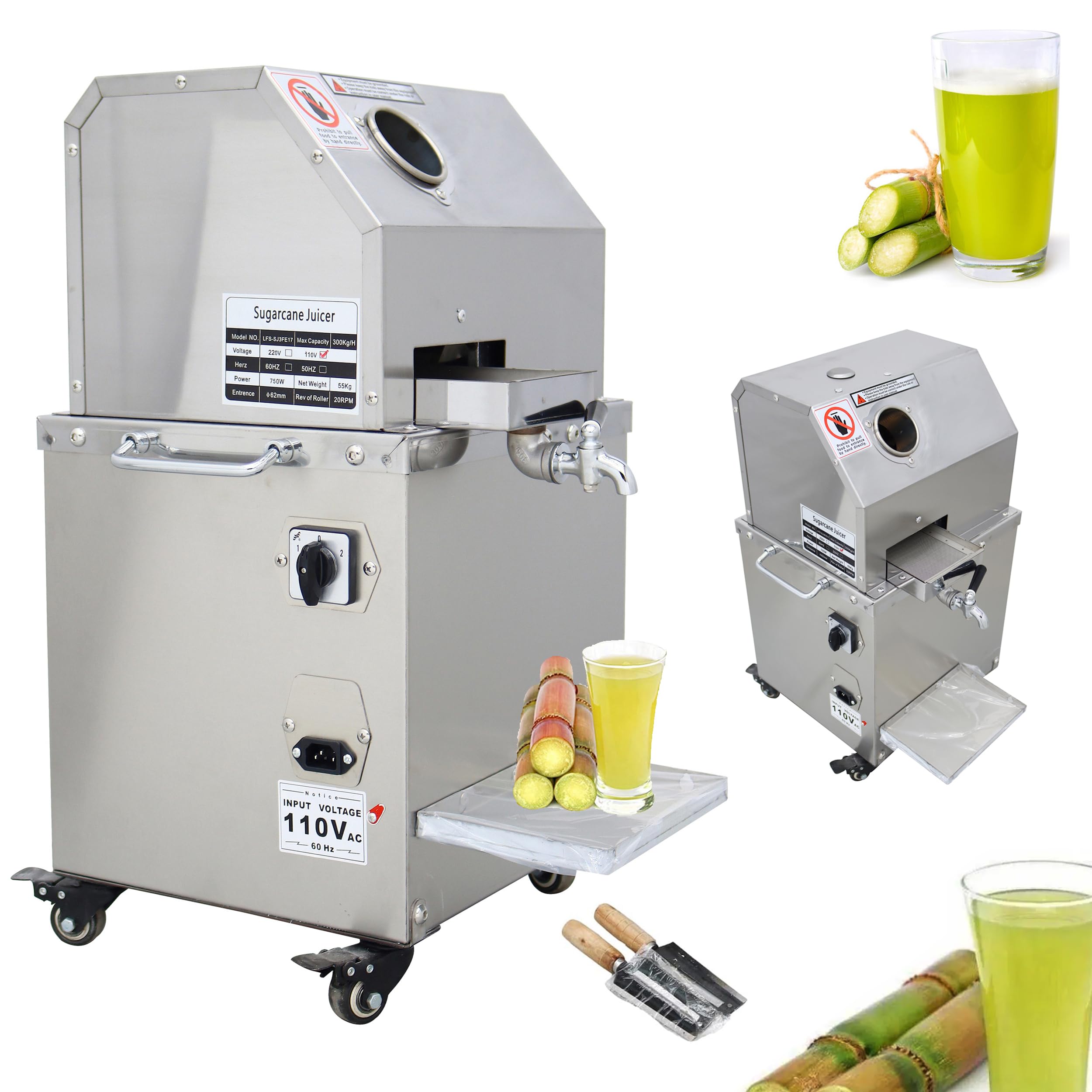 INTBUYING 800W Electric Sugarcane Juicer 3 Rollers Sugar Cane Press Machine Commercial Sugar Cane Juice Extractor Auto Roller Pressure Adjustment Vertical Juice Squeezer 660lbs/h
