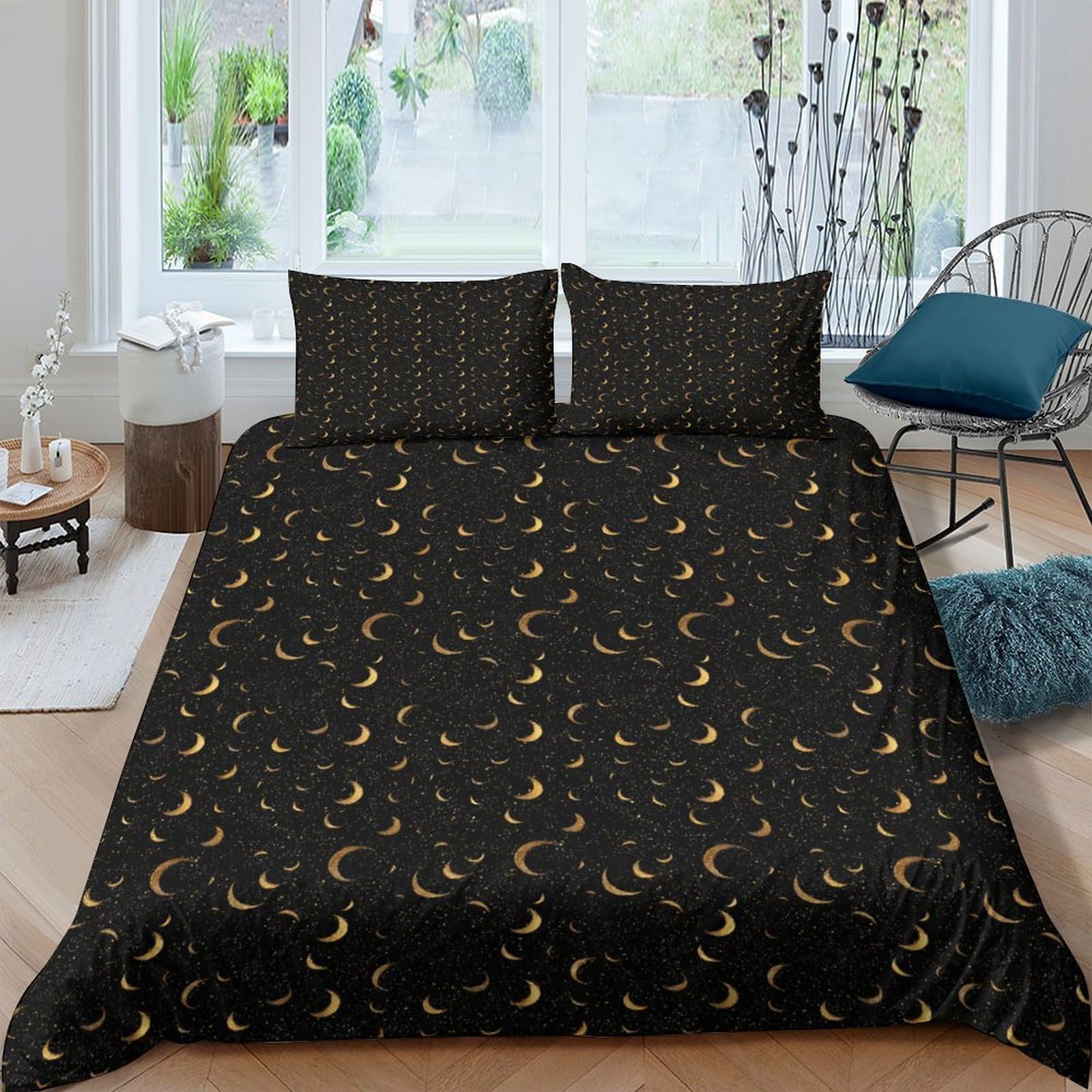 GPLZQXKJNH 3D Printed Moon Star Black Duvet Cover Set Microfiber Soft Breathable Sky Celestial Quilt Cover with 2 Pillowcases for Bedroom Decor Single（135x200cm）