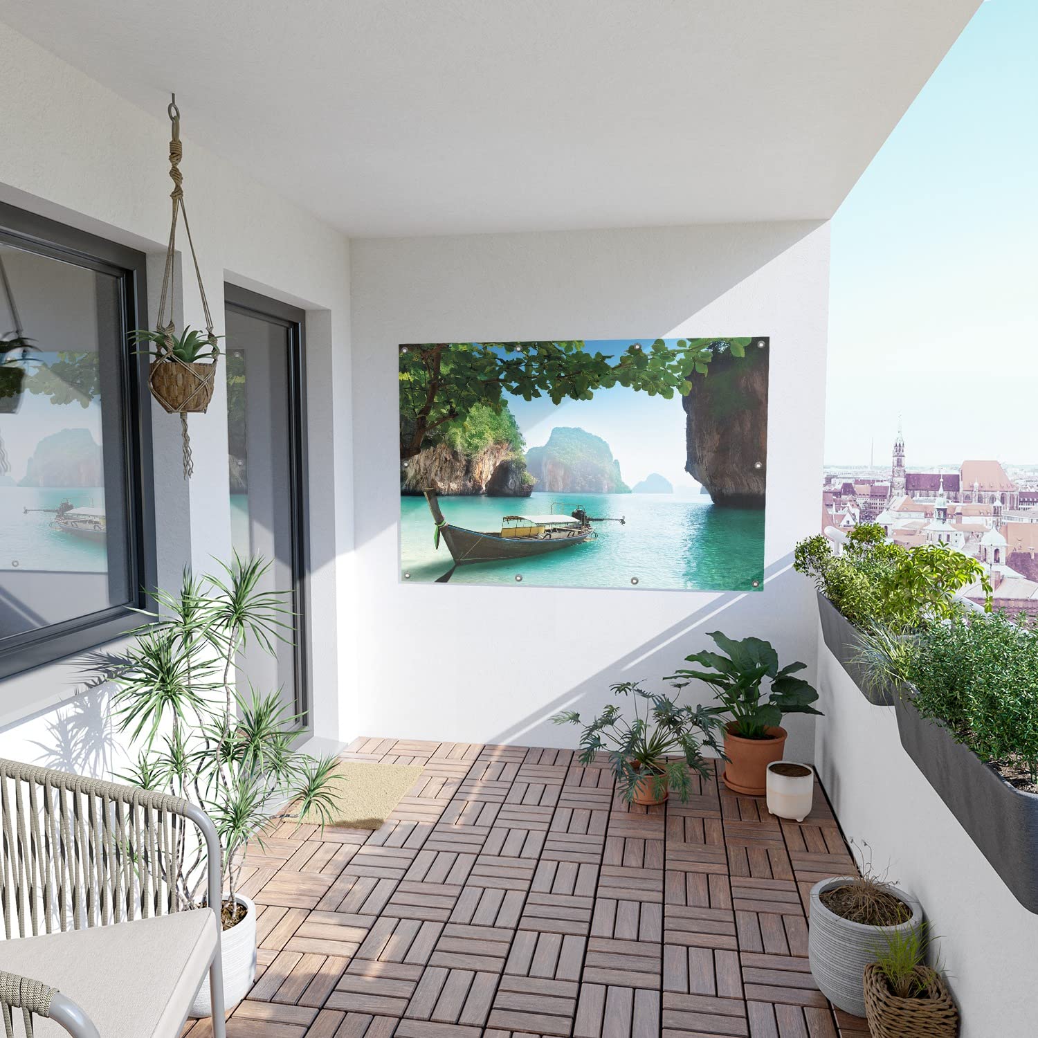 Wallario Outdoor-Poster für Garten oder Balkon Fischerboot in Thailand blaues Meer und Steinfelsen, Motivbanner Größe: ca. 100 x 150 cm, Outdoor-Bild