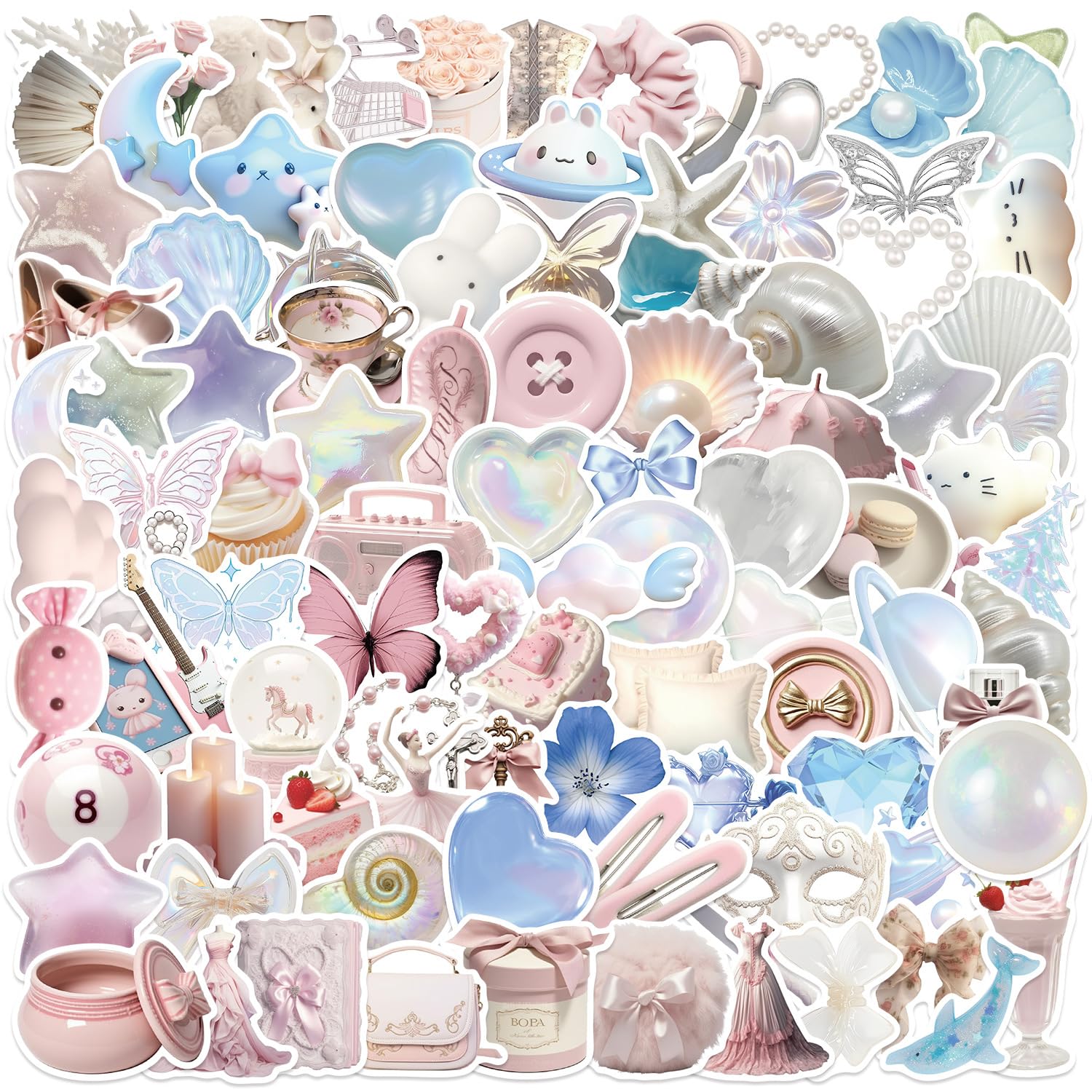 100PCS Stickers for Teen, Dreamy Pearl & Butterfly Vinyl Stickers for Water Bottles, Laptops, Journals, Waterproof Stickers for Teens & Aesthetic Fans
