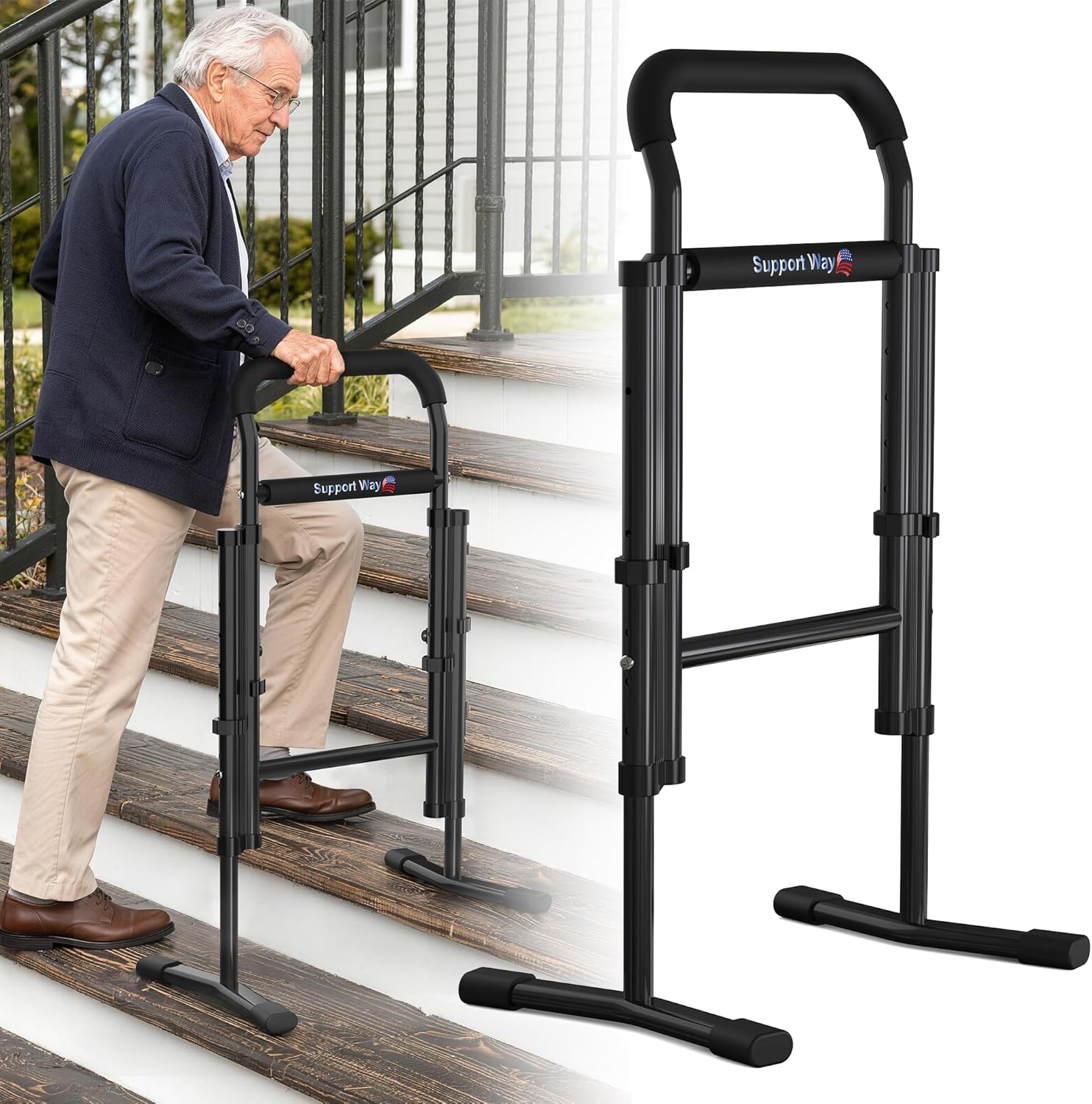 Upgrade 2-in-1 Assist Cane for Seniors, Both Stair Assist Cane and Standing Aid for Couch, Widening Anti Slip Base, Adjustable Height, Ultra Sturdy Bracket for Steps, Bathroom, Bedside