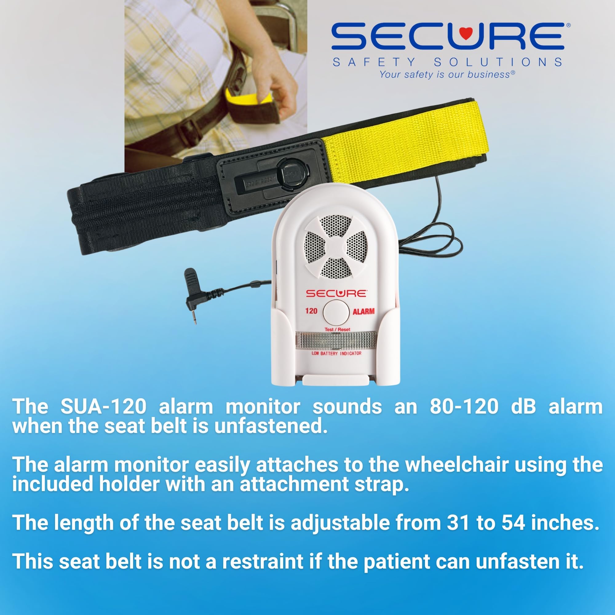 Secure Wheelchair Seatbelt Chair Alarm for Elderly Dementia Patients - Non Restraint Seat Belt Strap Sensor and 120 dB Alarm Monitor - Fall Prevention Safety Device for Monitoring Seniors