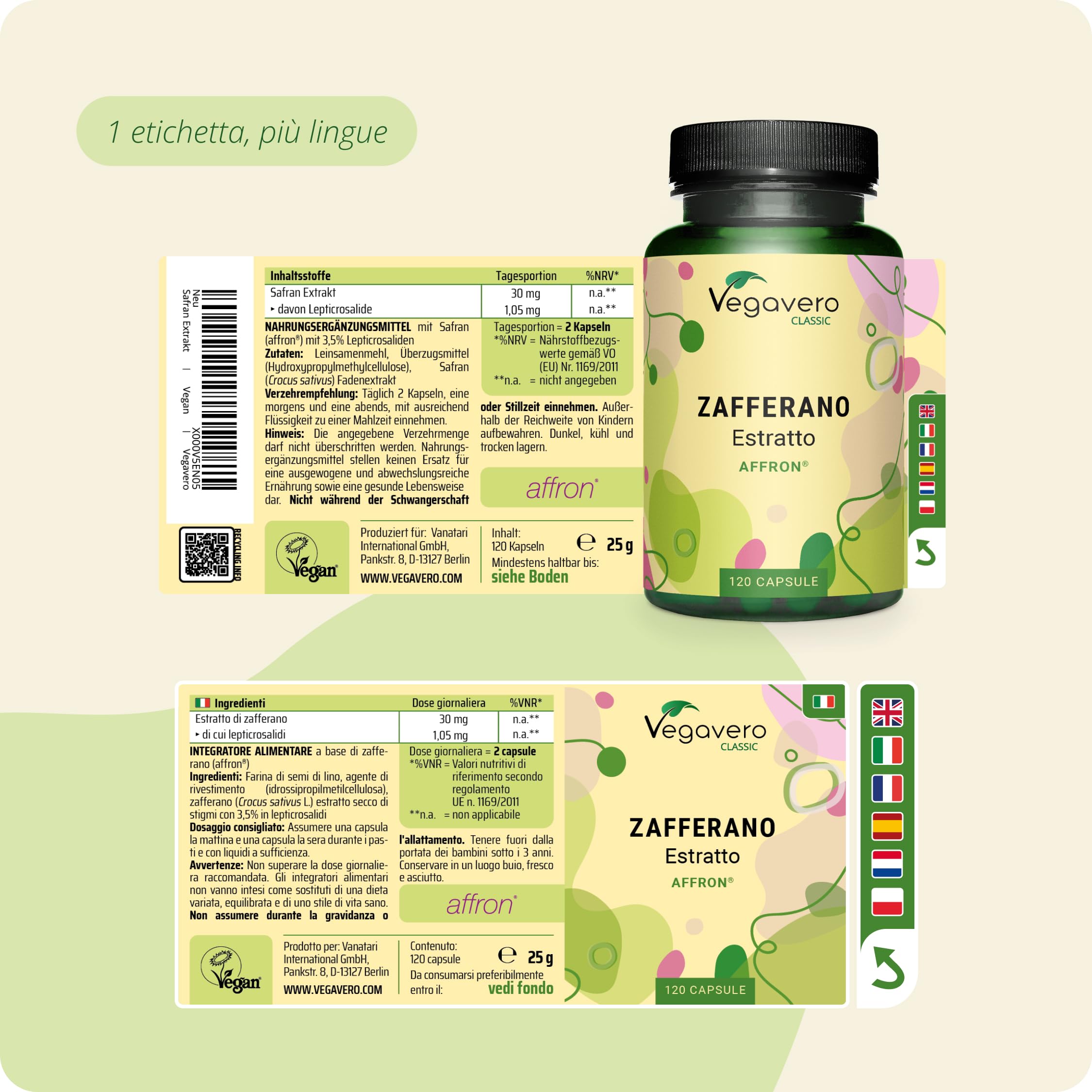 ZAFFERANO Vegavero ® | Con 3% Safranale e 2% Crocina | Affron®: Crocus sativus spagnolo | 120 capsule | Calmante e rilassante naturale per il buon umore | Vegan