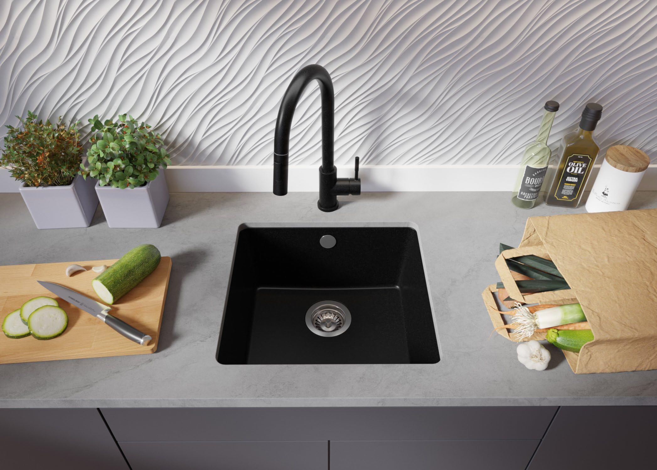 PRIMAGRAN Evier sous Plan Noir - Venise, 46x44cm | Evier en Granit 1 Bac + Robinet 38x14cm + Zuberhor-Set, Évier au Meuble 50cm (S053)