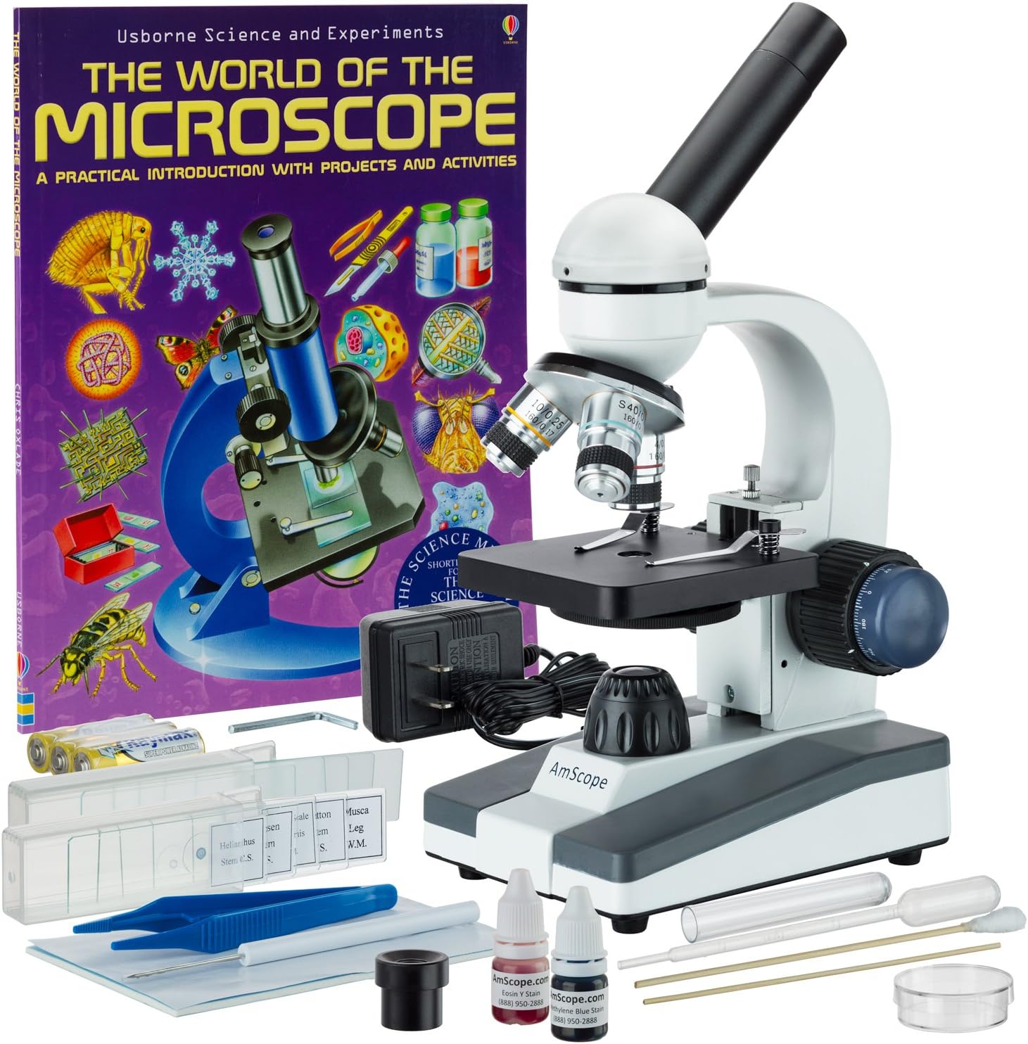 AmScope M150C-SP14-WM 40X-1000X Portable Student Microscope with Slide Preparation Kit and Book