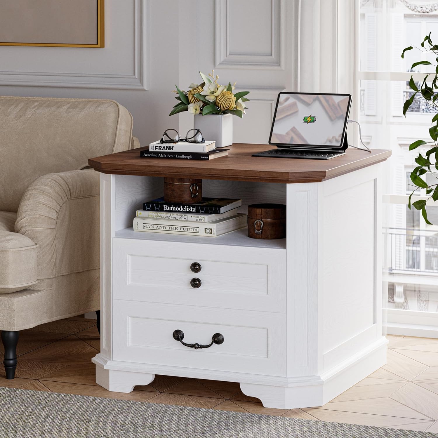 IRONCK Night Stand 23.4" Farmhouse End Table with Charging Station, Large Sofa Side Table with 2 Drawers, for Bedroom, White