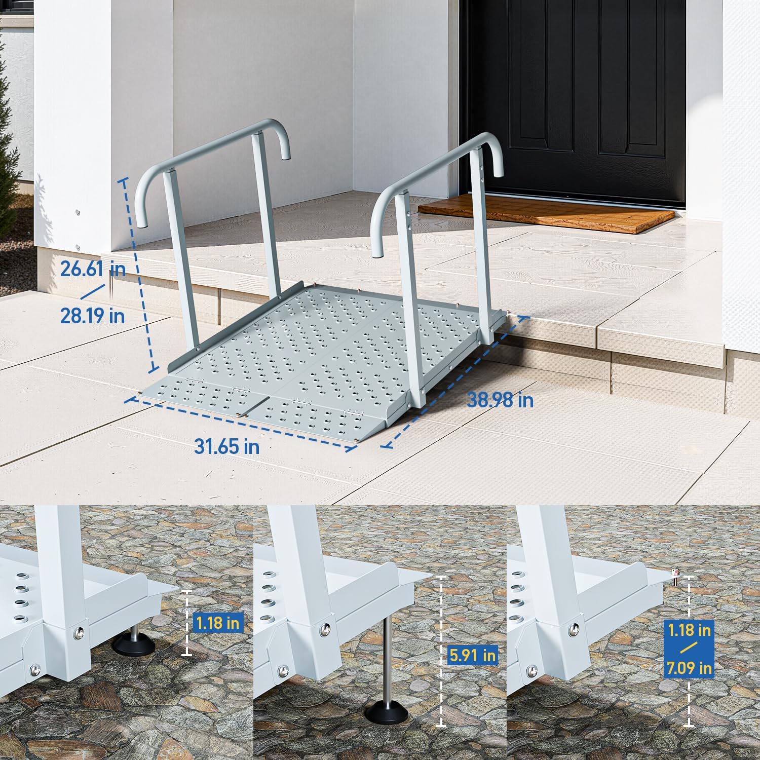 Portable Wheelchair Ramp with Handrails, 1-7" Aluminum Handicap Ramp for Home Steps, Stairs, Porches, Heavy Duty Folding Threshold Ramp with Non-Slip Surface & Safety Rails, Supports up to 770 lbs