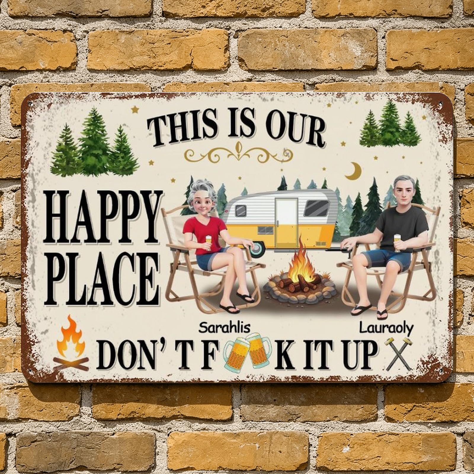 Personalized This Is Our Happy Place Camping Couple Metal Sign Wall Art Home Decor, Custom Summer Vacation And Travel Couple Metal Sign Plaque Gifts For Husband And Wife, Him And Her