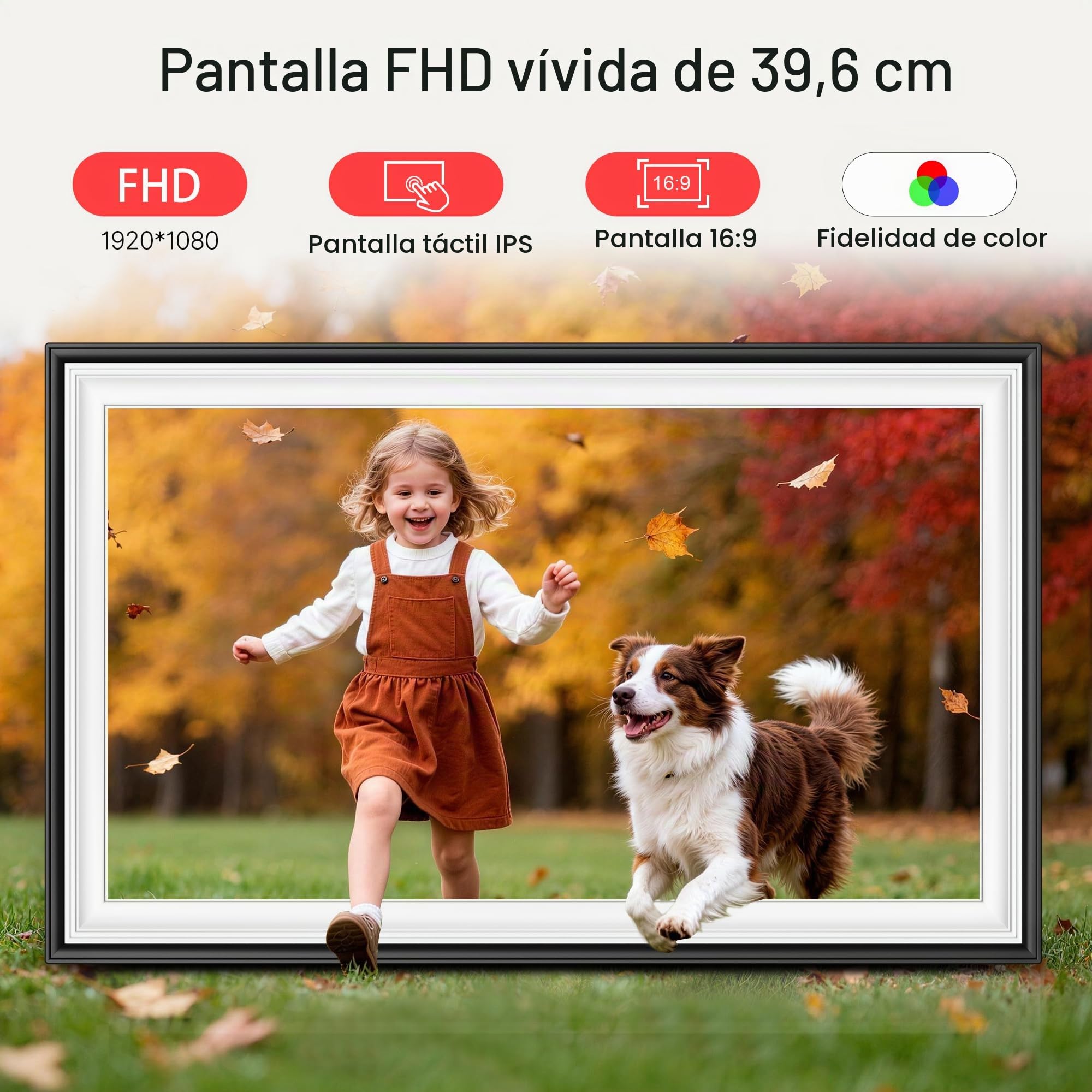Marco de fotos digital Frameo de 64 GB de 15.6 pulgadas, WiFi, negro y blanco, pantalla táctil FHD IPS de 1920 x 1080P, marcos de fotos electrónicos grandes, rotación automática, montaje en pared