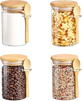 Vtopmart Set of 4 Glass Jars with Bamboo Lids & Spoons, 17 oz Glass Storage Containers with Lids for Dry Food Storage Sugar, Coffee, Nuts, Cookie, Candy, Tea, Airtight Kitchen Canisters Spice Jars
