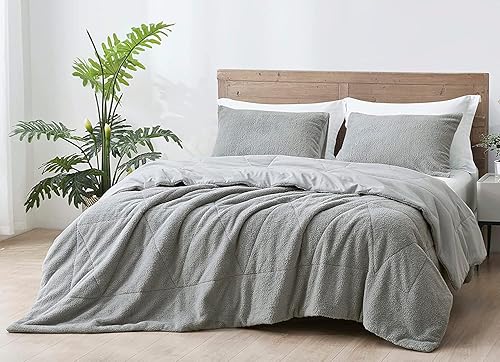 Chezmoi Collection Zane - Juego de edredón Sherpa de 3 piezas, juego de ropa de cama reversible de microfibra lavada de doble cara, tamaño King, gris