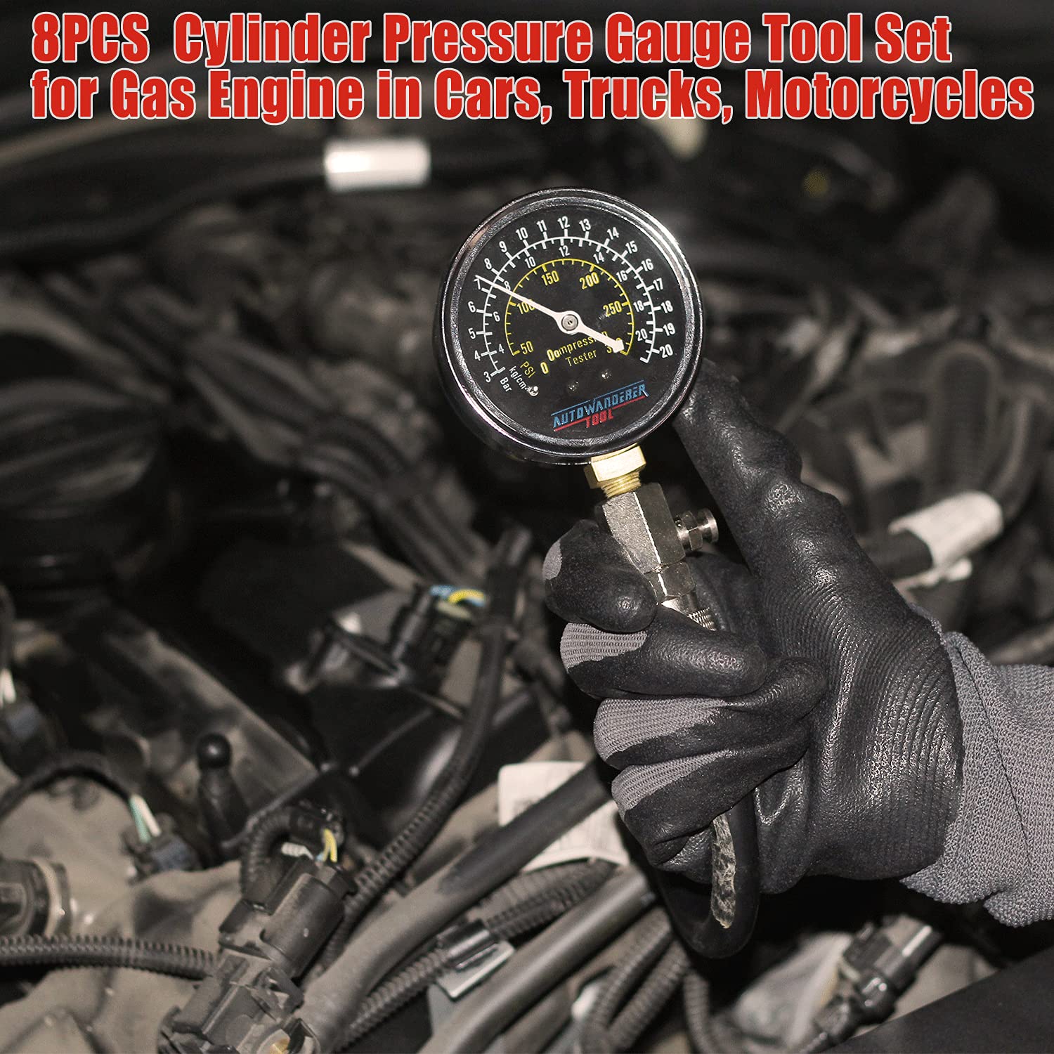 Petrol Engine Cylinder Compression Tester Kit, 8Pcs Automotive Engine Gas Pressure Gauge Set for Motorcycle Car Truck