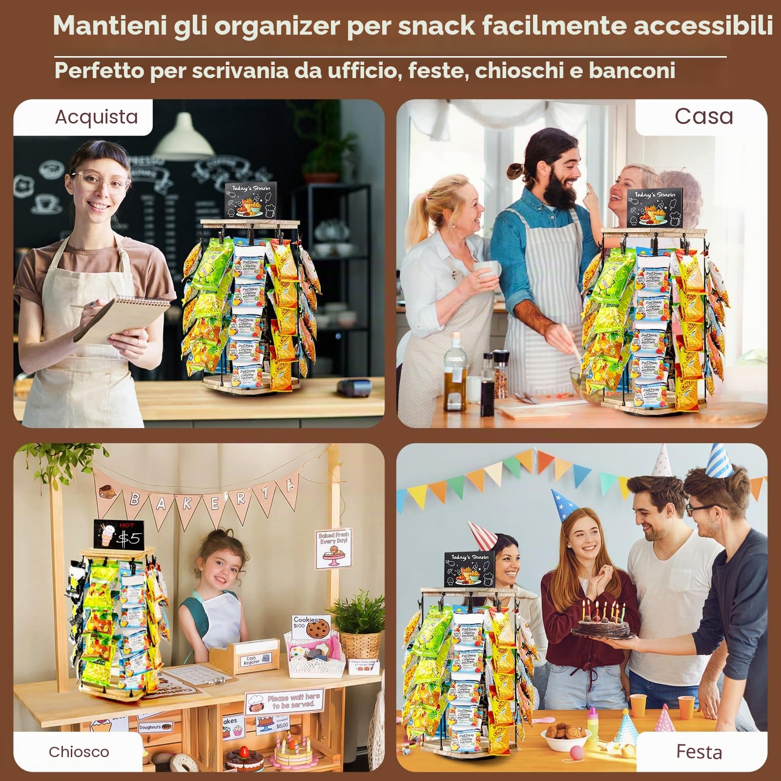 Pinzoveco Espositore per patatine, 5 ripiani, 40 clip, organizer per snack per scrivania da ufficio, base in legno rotante a 360°, espositore per caramelle, per banco di lavoro, feste, con bacheca per