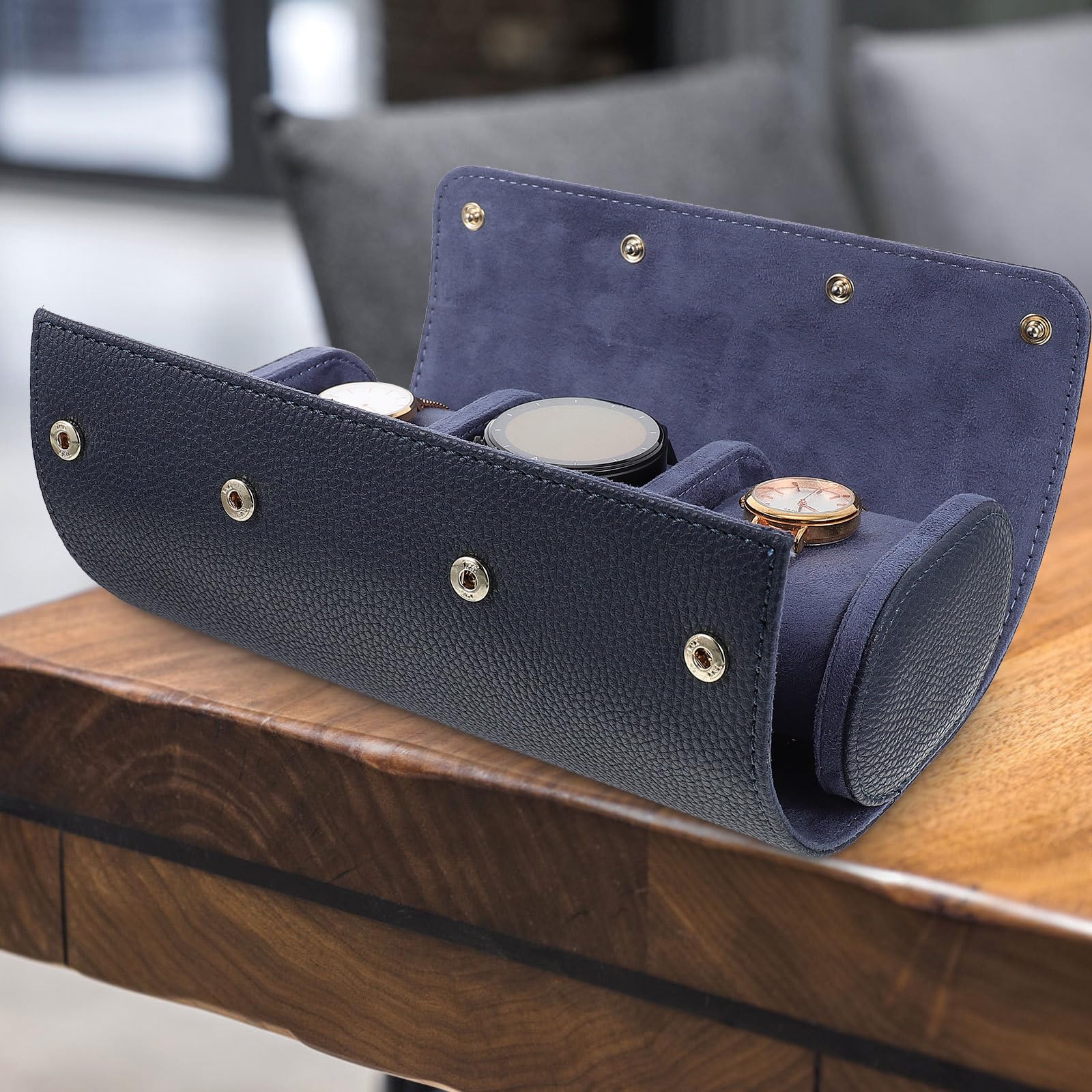 ifundom Caja Organizadora para Relojes 3 Posiciones de Pu Azul Interior de Terciopelo, Estuche Protector Anti Polvo para Guardar Relojes y Joyas, Accesorio Adecuado