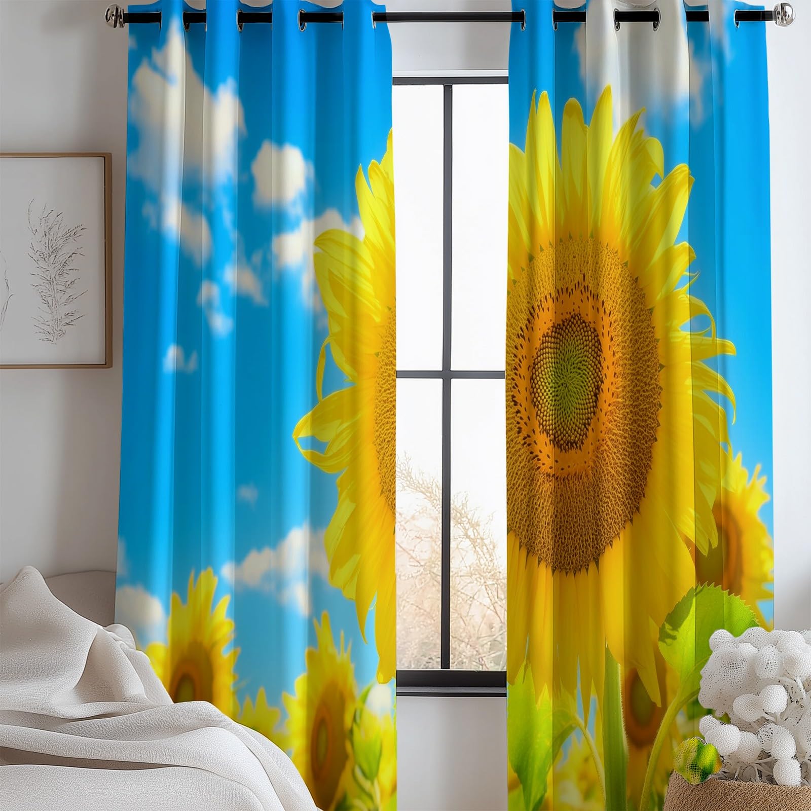 Générique Rideau Occultant Tournesols Ciel Bleu Et Nuages ​​Blancs, Rideau Thermique Isolant Bleu - Draperies Polyester Opaque à Oeillets pour Chambre Salon Fenêtre Décoration Lot de 2 110L x 215H cm