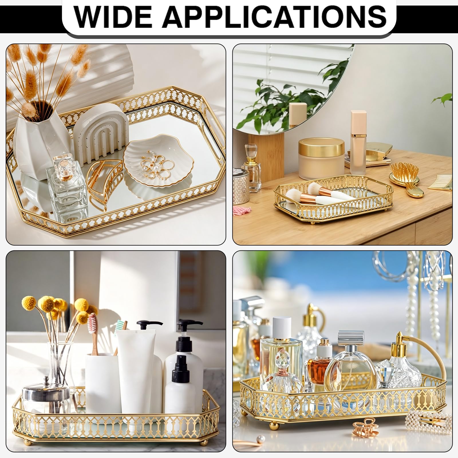 2 bandejas de perfume doradas, bandeja decorativa de espejo de 2 tamaños con asas, organizador decorativo de perfume y maquillaje con asas para tocador, baño o exhibición de joyas