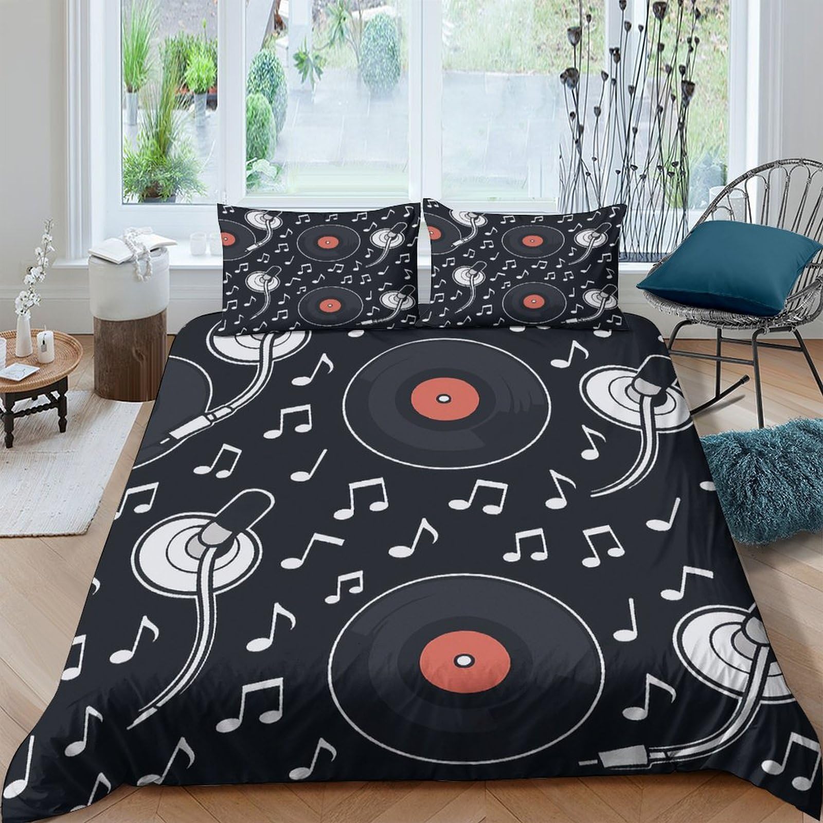 Ctjqhvkz Style-7 3D Printed Vinyl Record Fitted Sheet Microfiber Soft Black Musical Notes Bed Cover For Bedroom Dorm Mattress Decor Single（135X200cm）