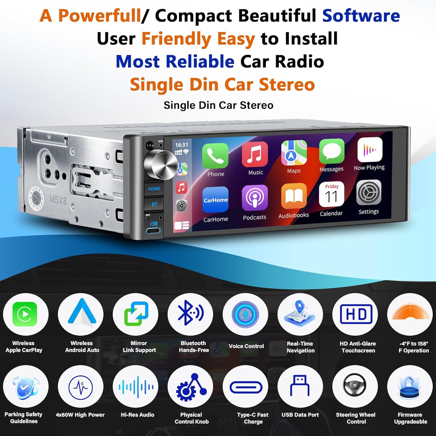 Single Din Car Stereo Wireless Apple CarPlay & Android Auto,240W Outputs,USB/Type-C,Bluetooth 5.3,AM/FM,Physical knob,SWC, Backup Camera（Standard Single DIN Size Seamless Fit）