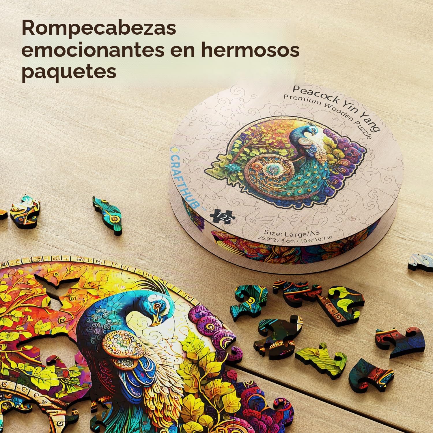 Crafthub Puzzle de Madera de Animales – A3 Animal Rompecabezas para Adultos – Pavo Real – Formas de Rompecabezas únicas – 127 Piezas – 26.9cm x 27.3cm